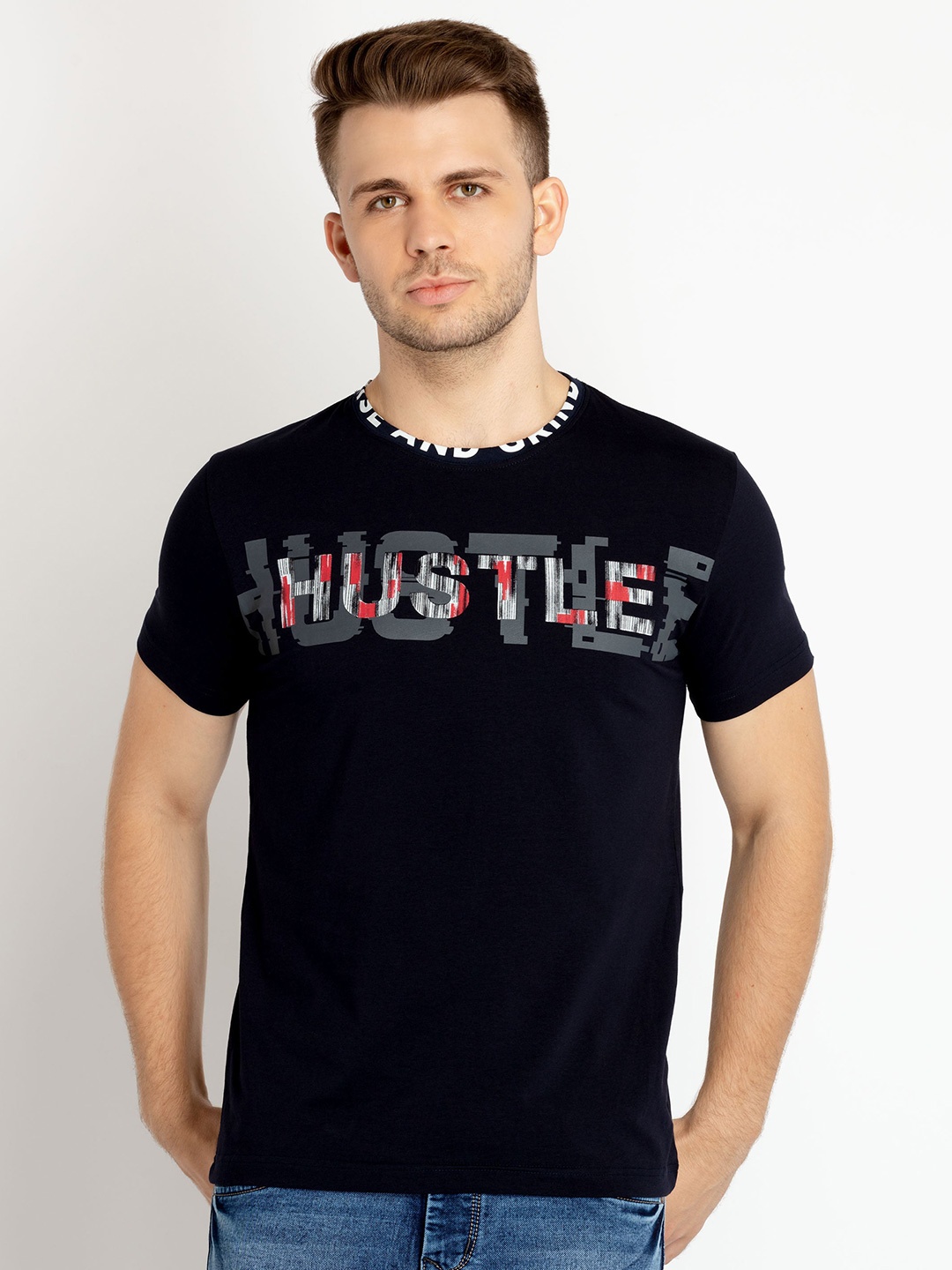 

Status Quo Typography Printed Cotton T-shirt, Navy blue