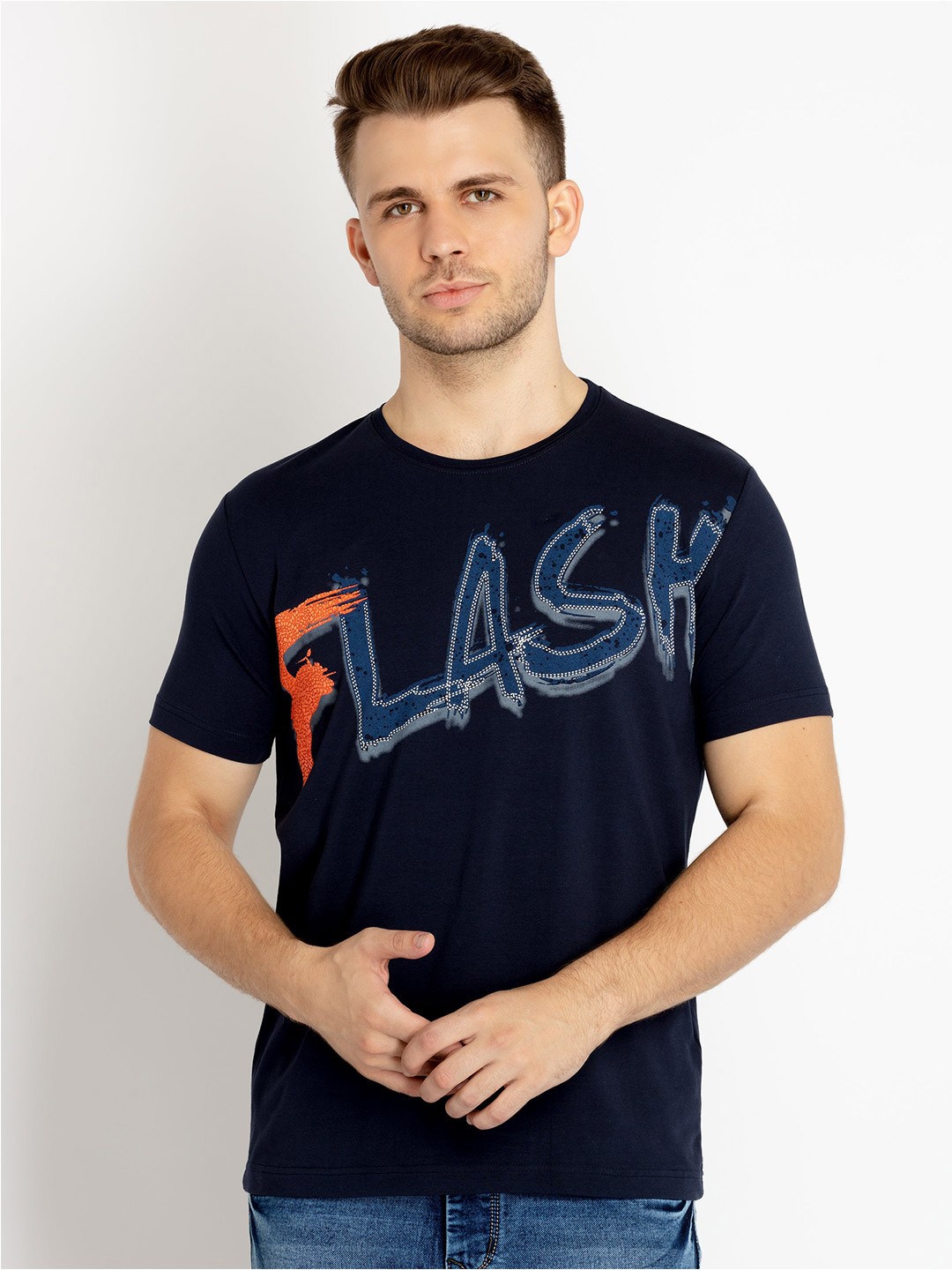 

Status Quo Round Neck Typography Printed Cotton T-shirt, Navy blue