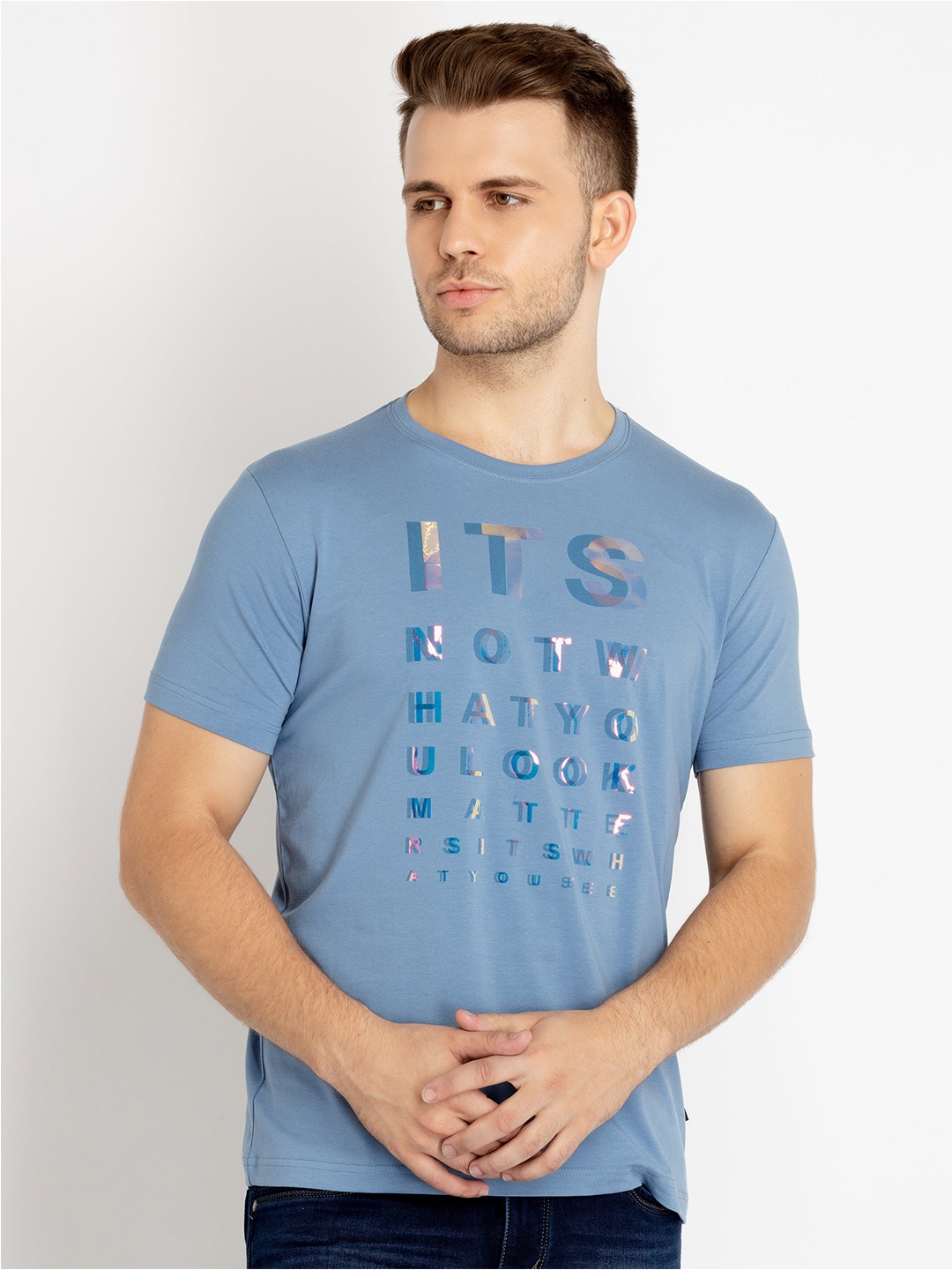 

Status Quo Typography Printed Cotton T-shirt, Blue