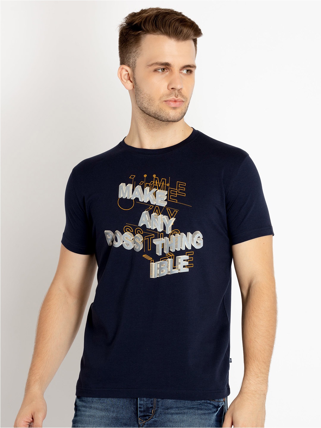 

Status Quo Typography Printed Cotton T-shirt, Navy blue