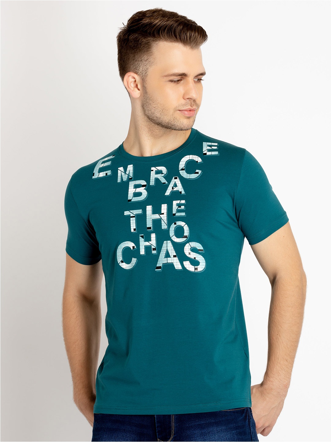 

Status Quo Men Typography Printed Cotton T-shirt, Teal
