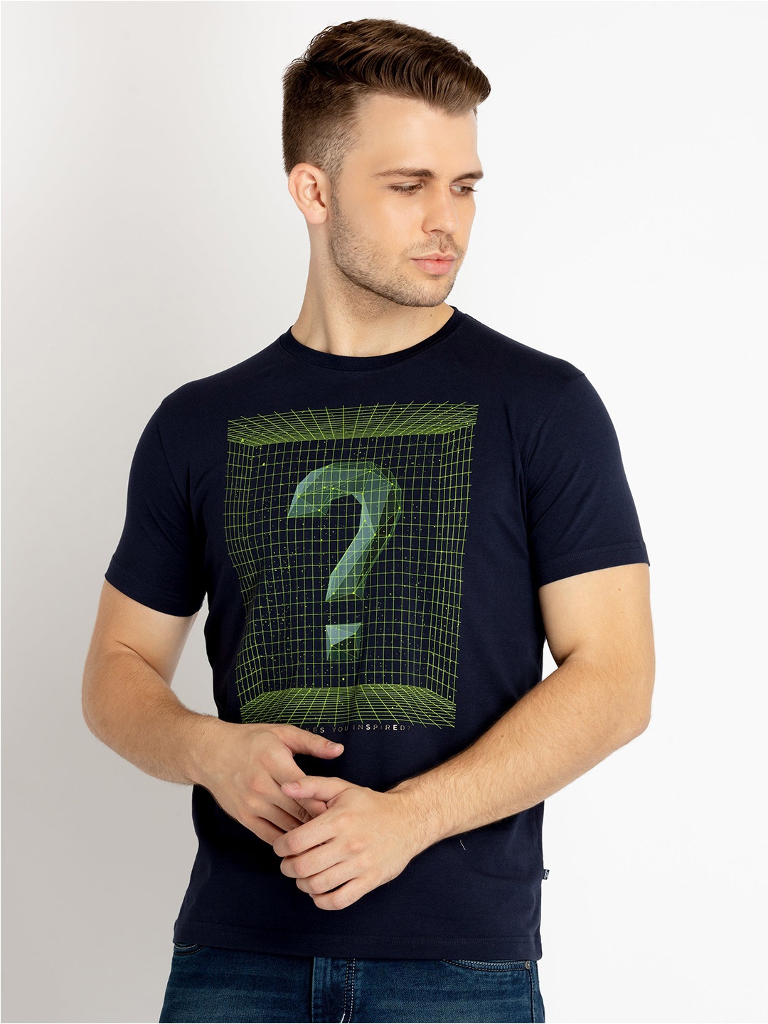 

Status Quo Graphic Printed Round Neck Cotton T-shirt, Navy blue