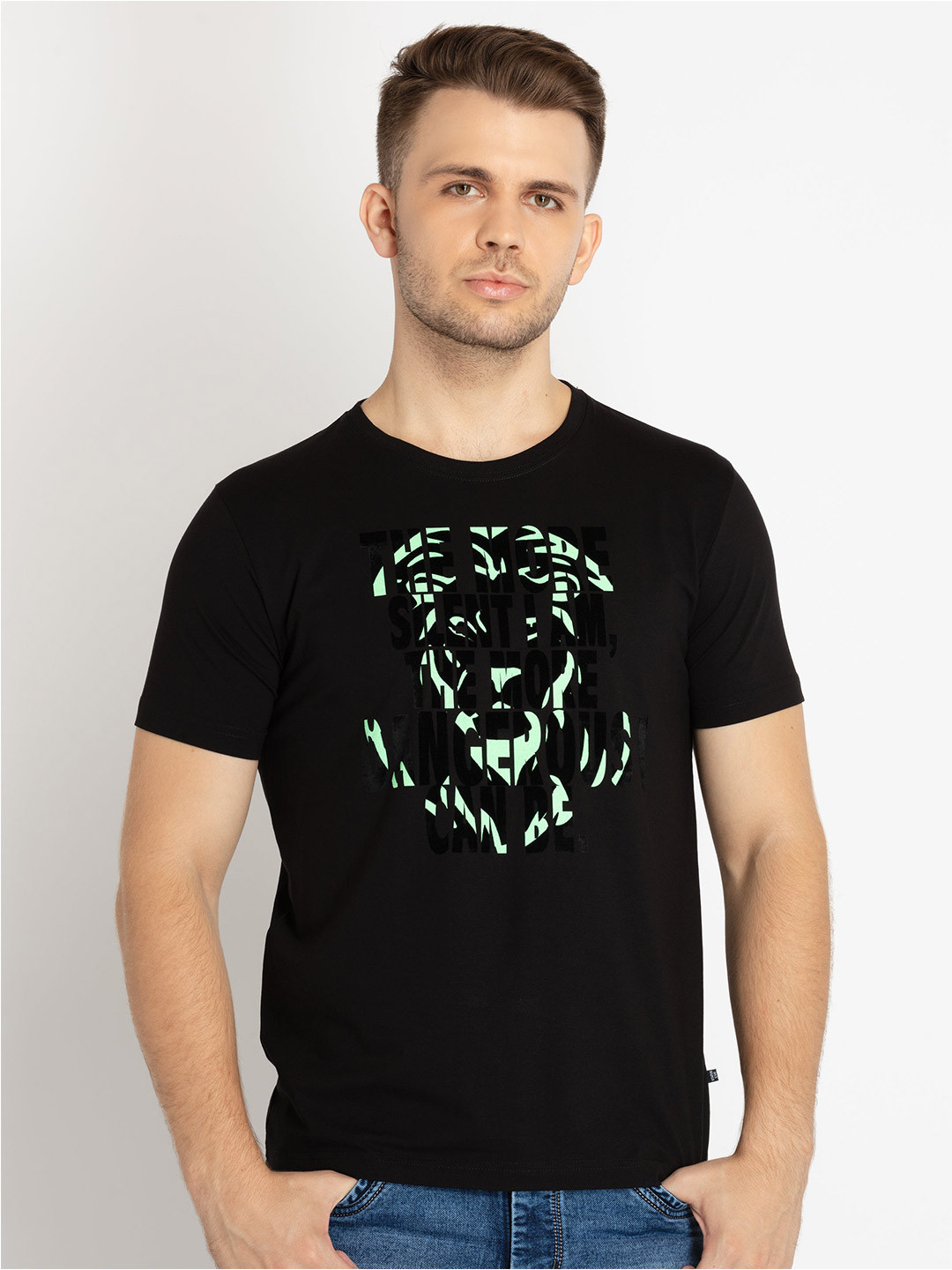 

Status Quo Graphic Printed Round Neck Cotton T-shirt, Black