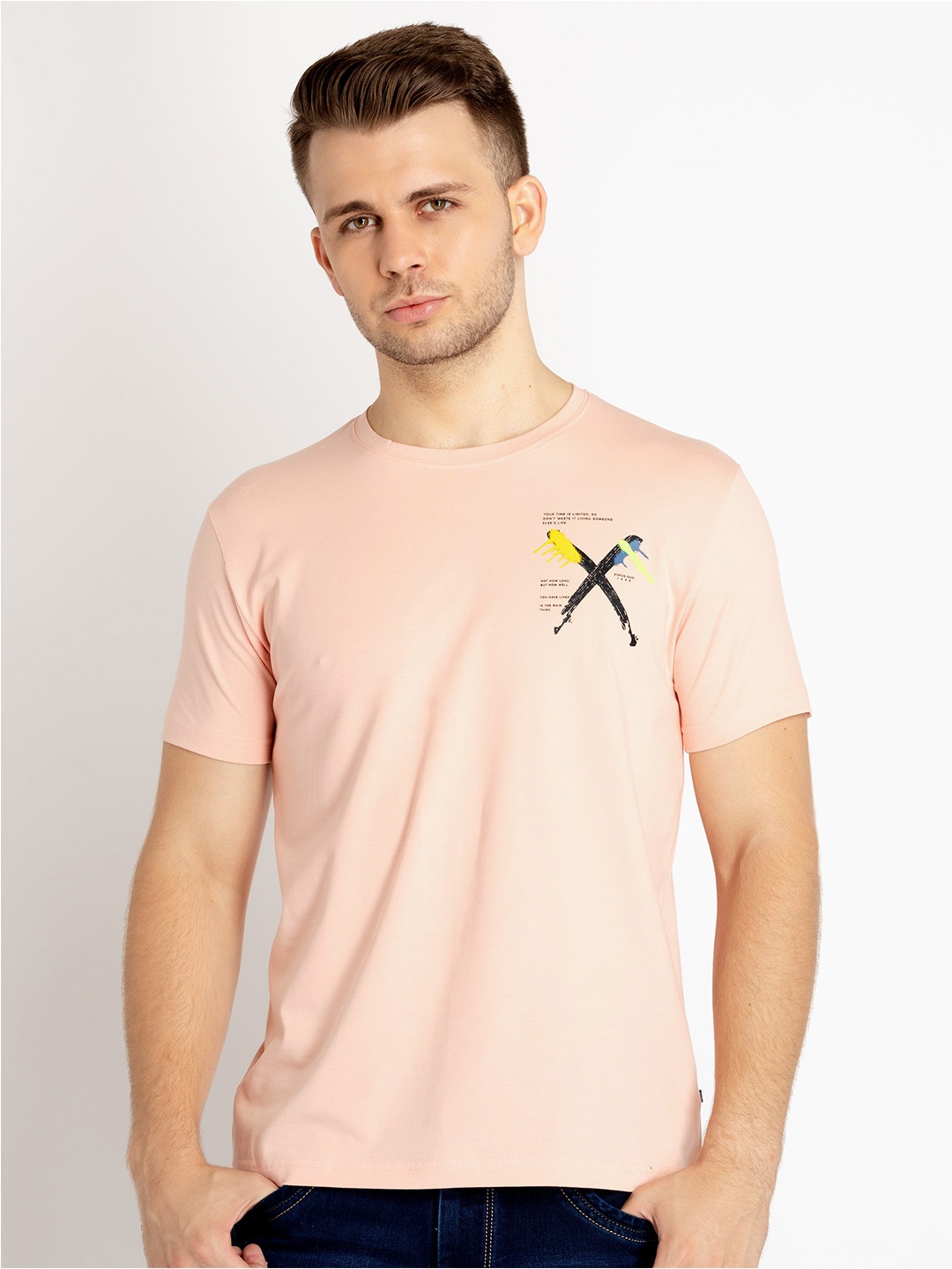 

Status Quo Placement Graphic Printed Cotton T-shirt, Peach