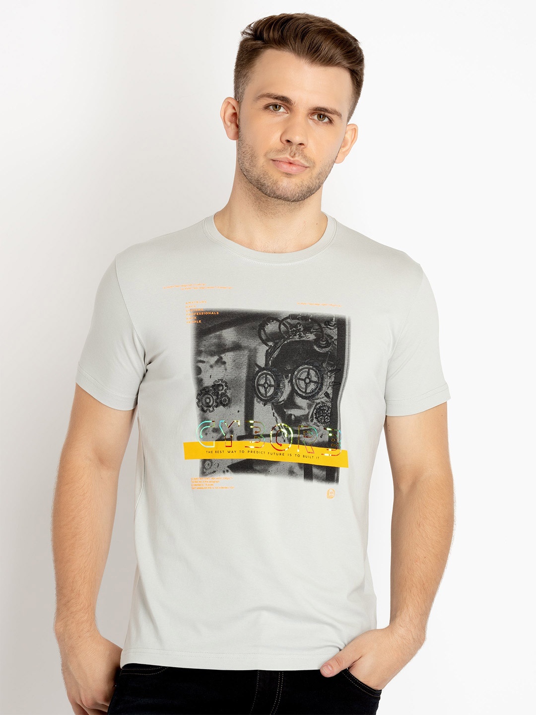 

Status Quo Men Graphic Printed Cotton T-shirt, Beige