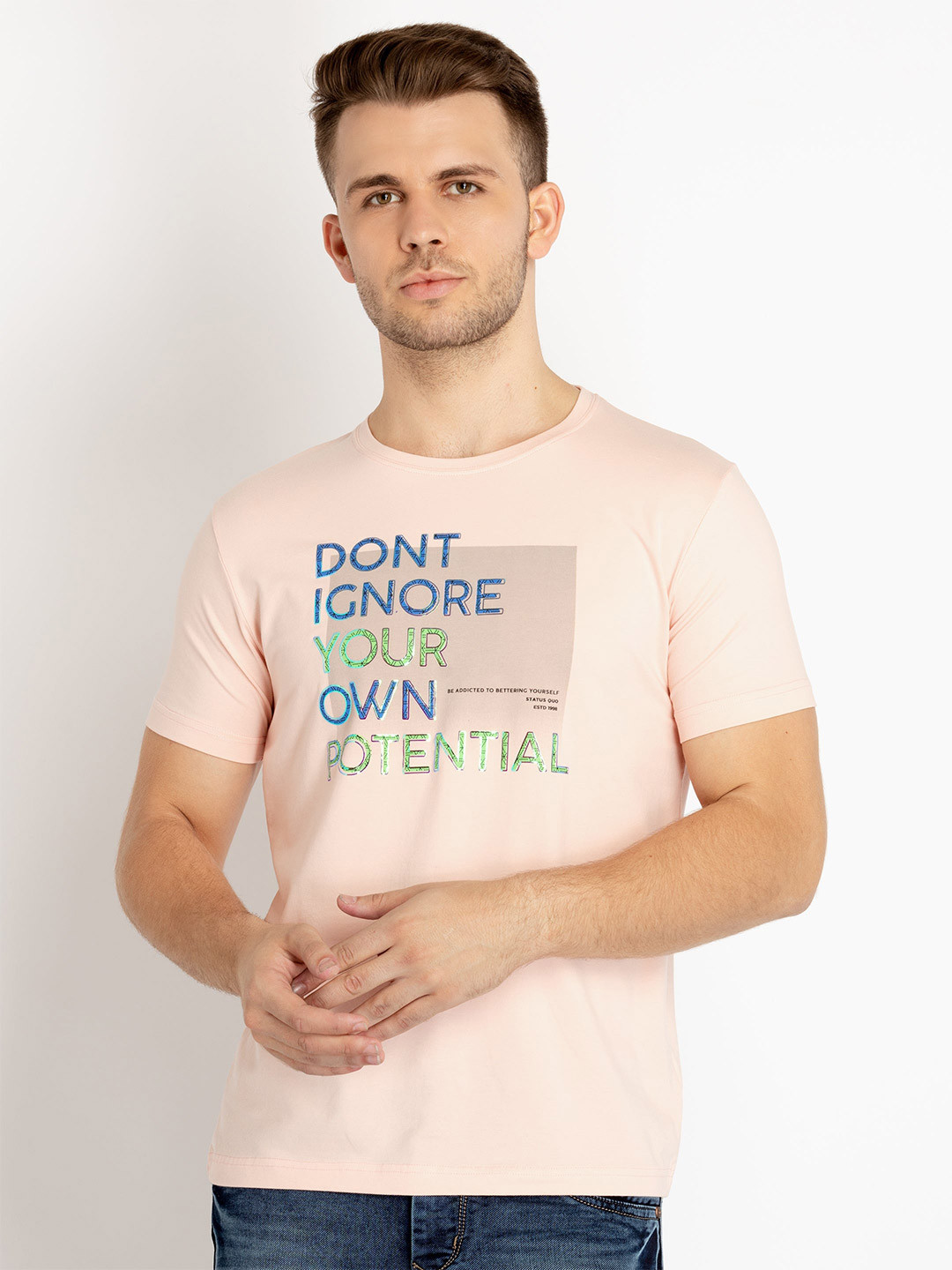 

Status Quo Men Typography Printed Cotton T-shirt, Peach