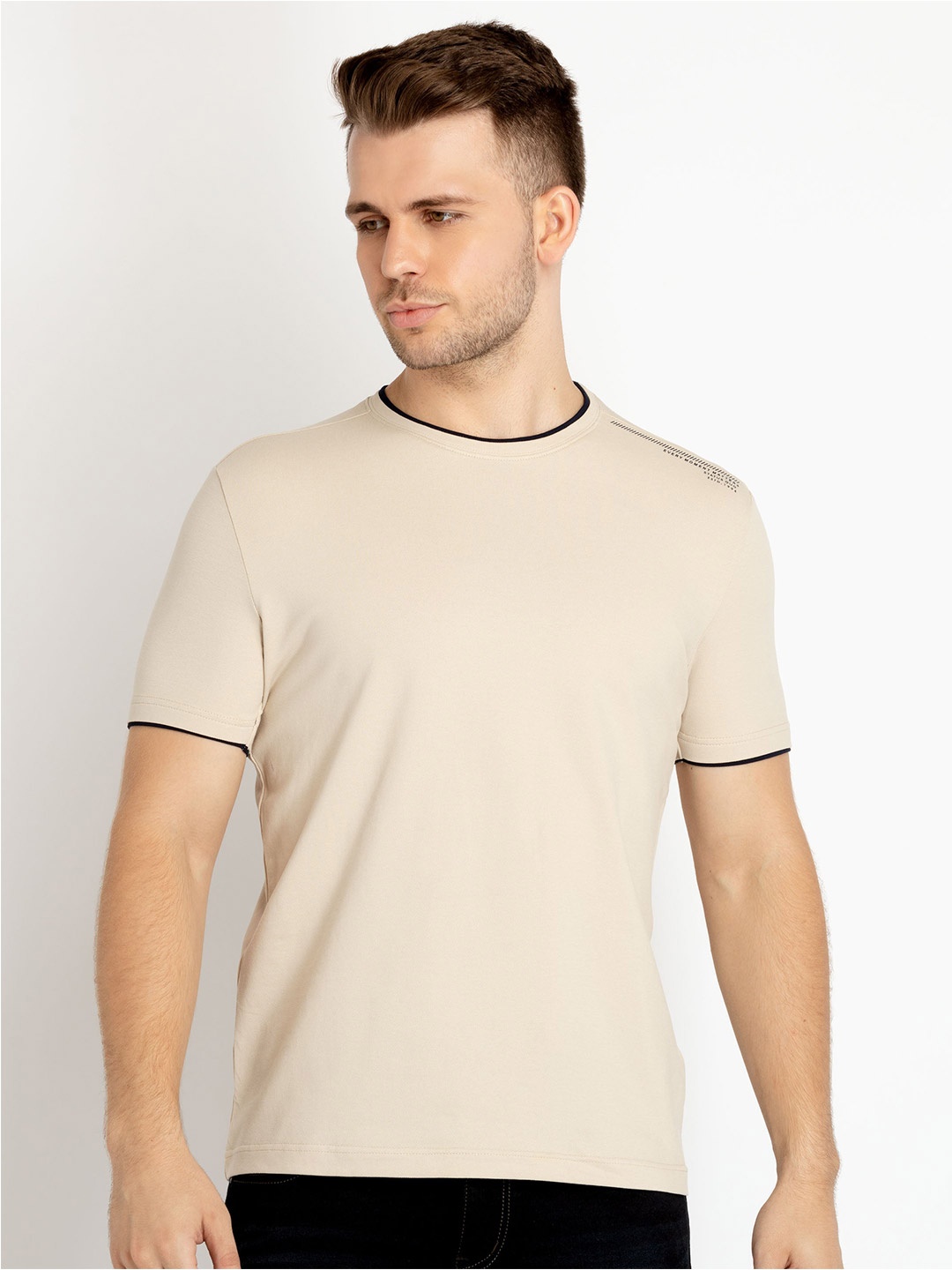 

Status Quo Round Neck Cotton T-shirt, Beige