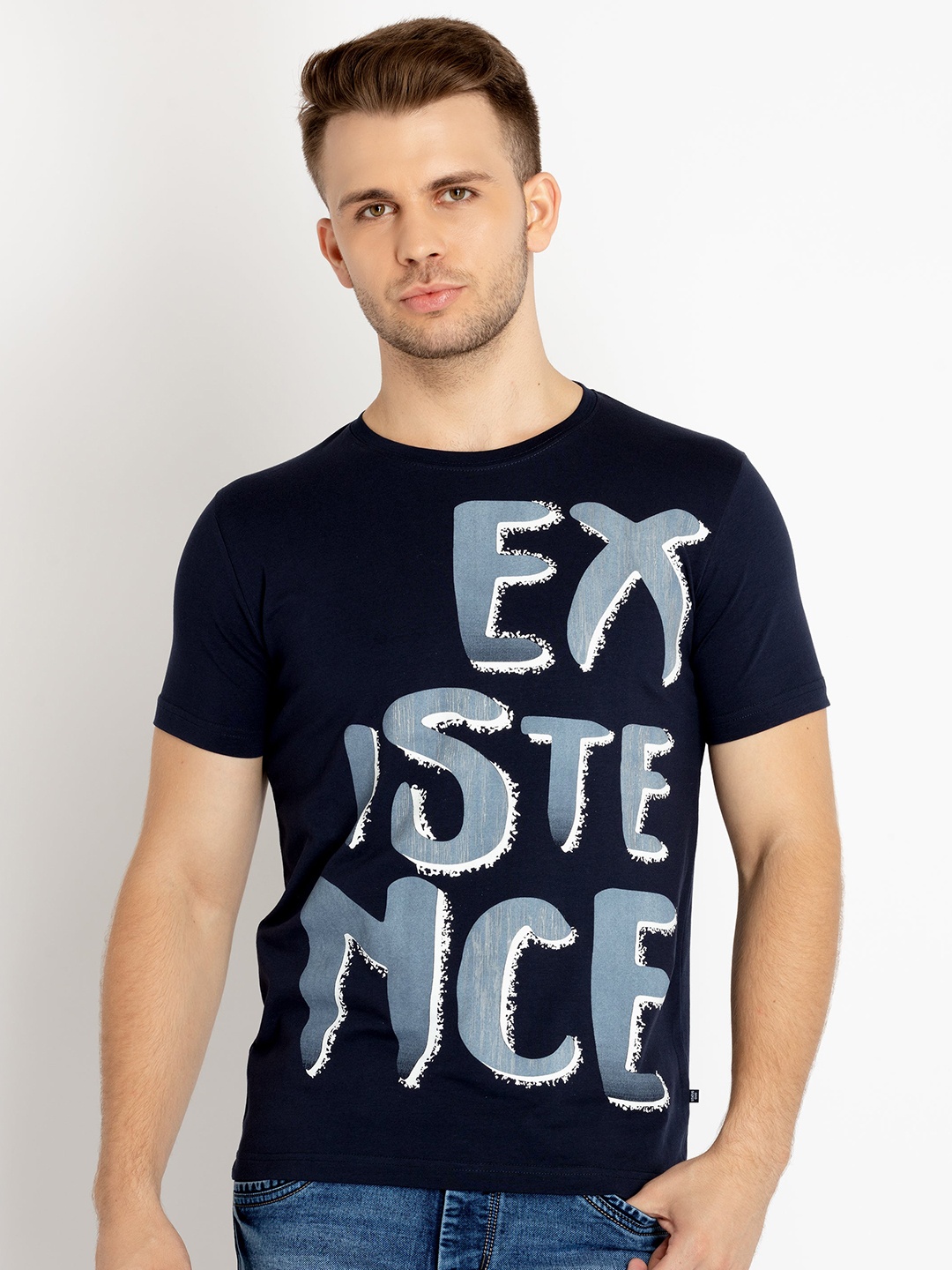 

Status Quo Plus Size Typography Printed Cotton T-shirt, Navy blue