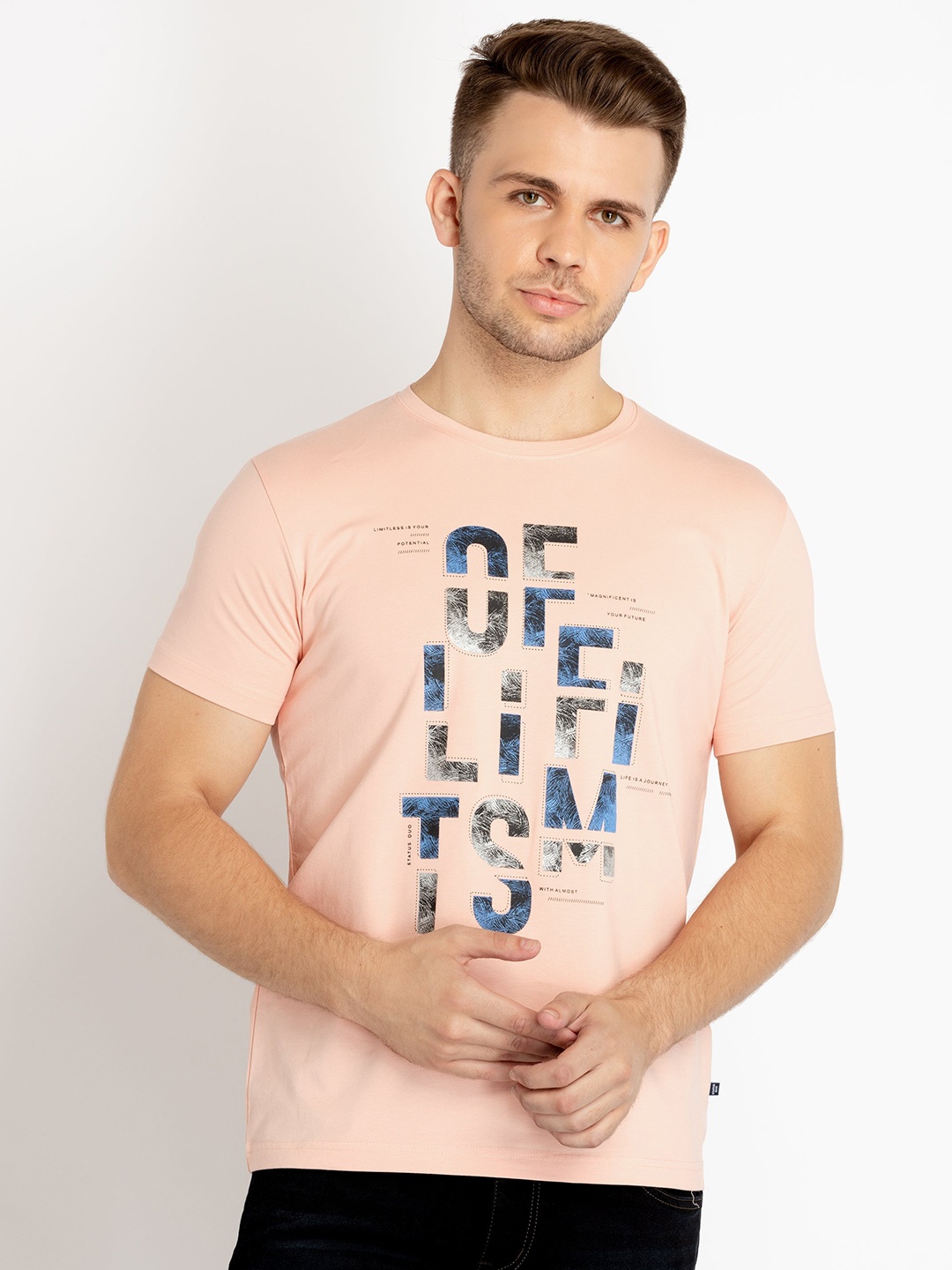 

Status Quo Short Sleeves Typography Printed Cotton T-shirt, Peach