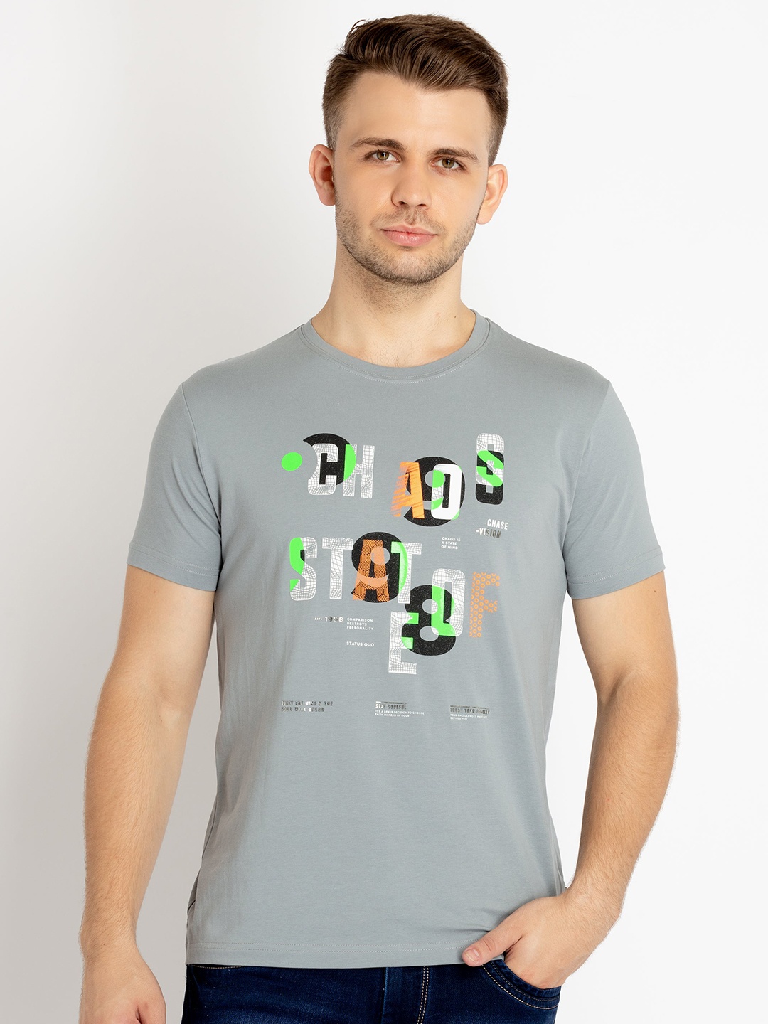 

Status Quo Round Neck Typography Printed Cotton T-shirt, Grey