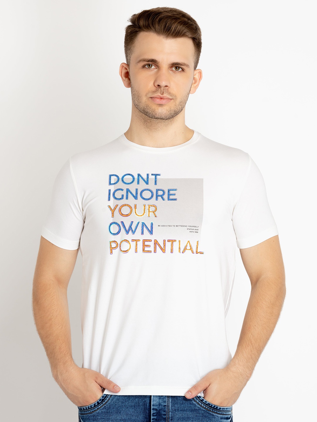 

Status Quo Plus Size Typography Printed Cotton T-shirt, White