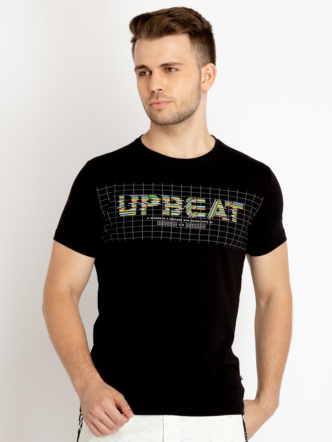 

Status Quo Plus Size Round Neck Typography Printed Cotton T-shirt, Black
