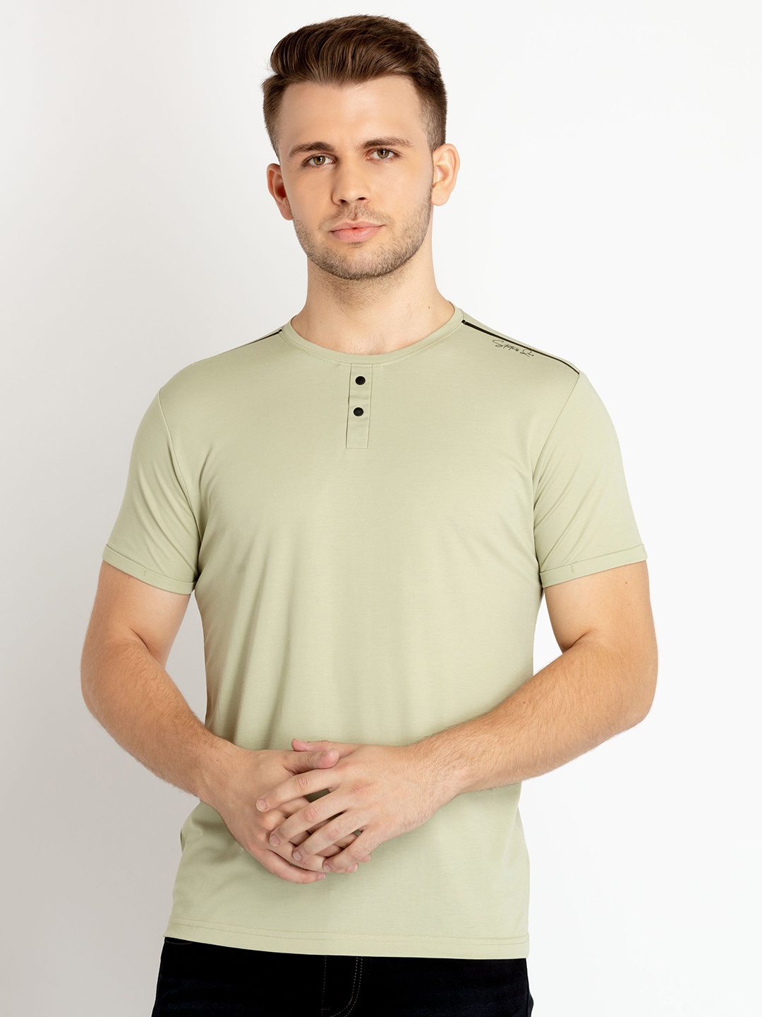 

Status Quo Henley Neck Cotton T-shirt, Green