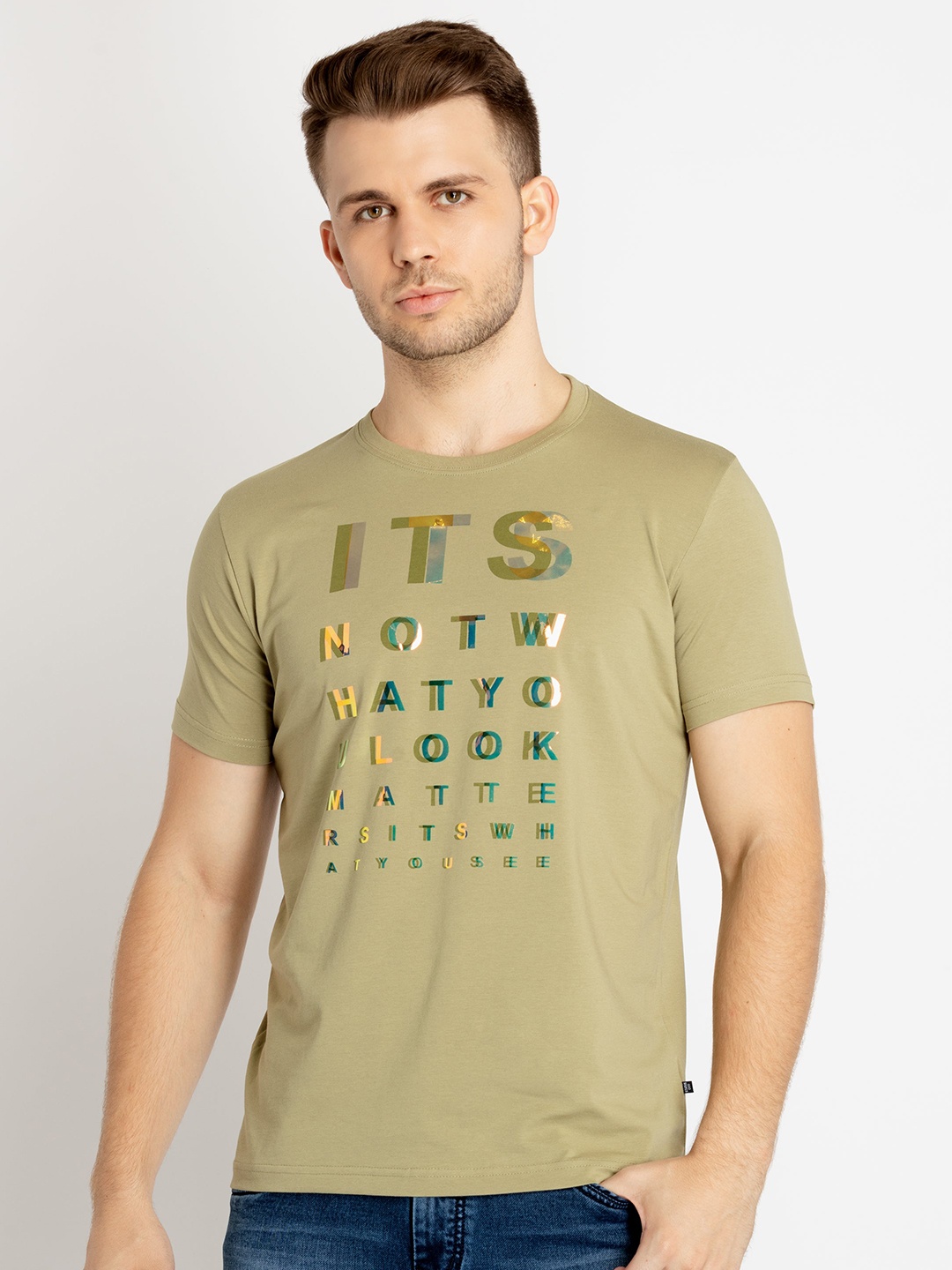 

Status Quo Typography Printed Cotton T-shirt, Green