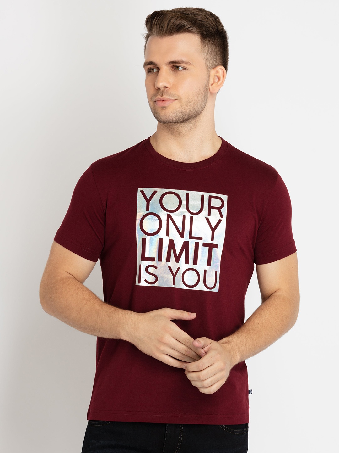 

Status Quo Typography Printed Cotton T-shirt, Maroon