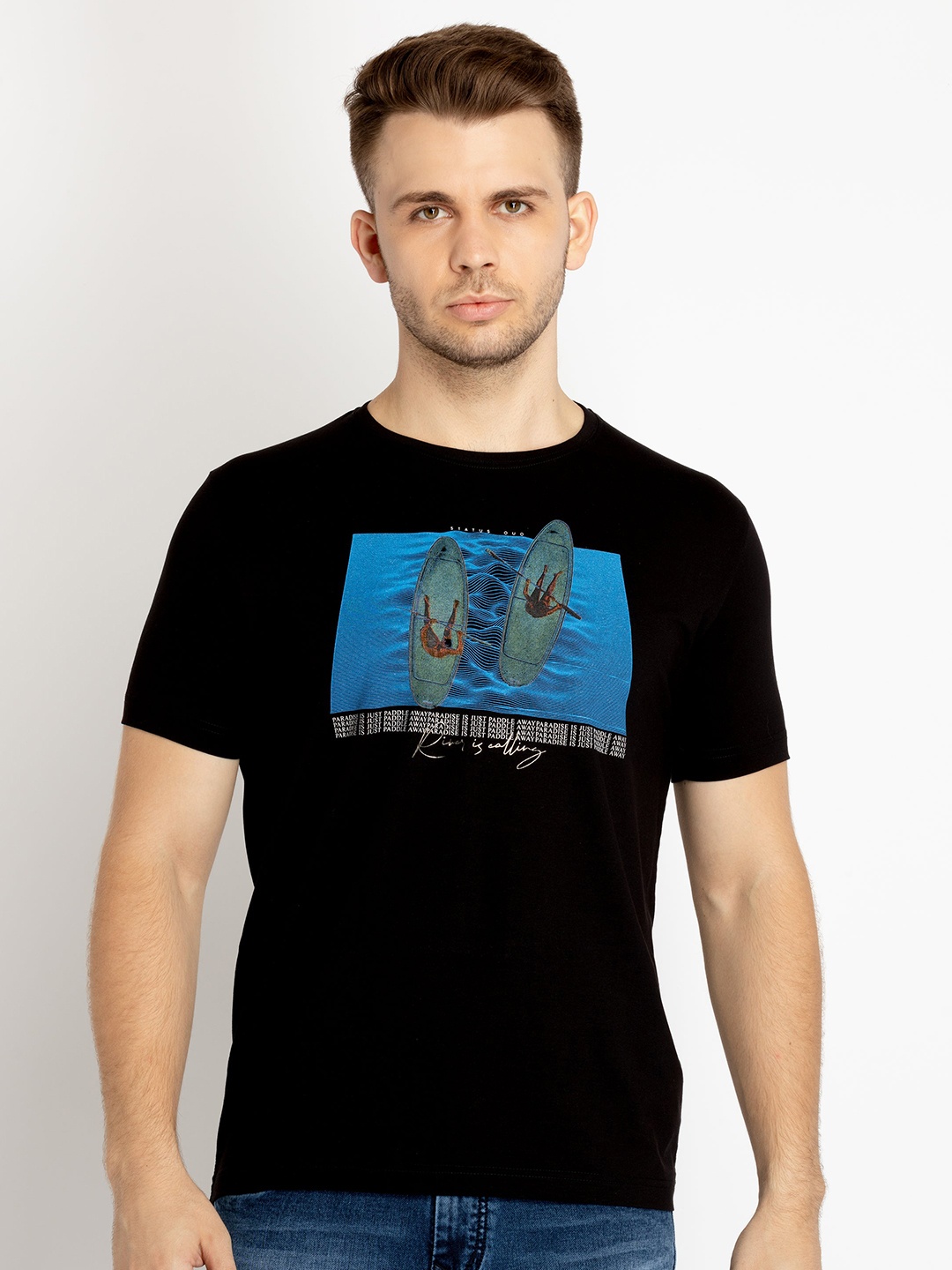 

Status Quo Men Graphic Printed Cotton T-shirt, Black