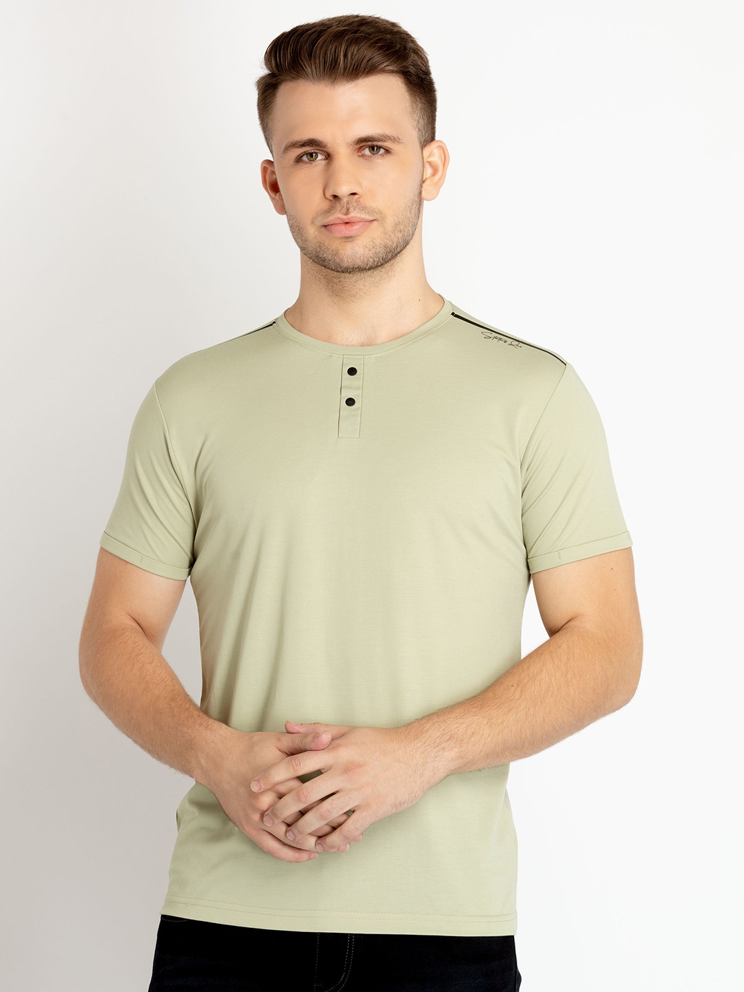 

Status Quo Men Henley Neck Cotton T-shirt, Beige