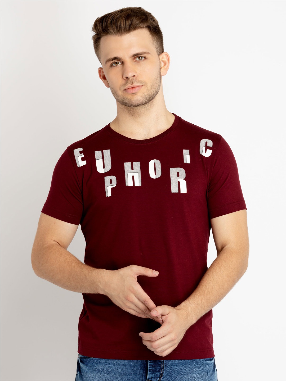 

Status Quo Typography Printed Cotton T-shirt, Maroon