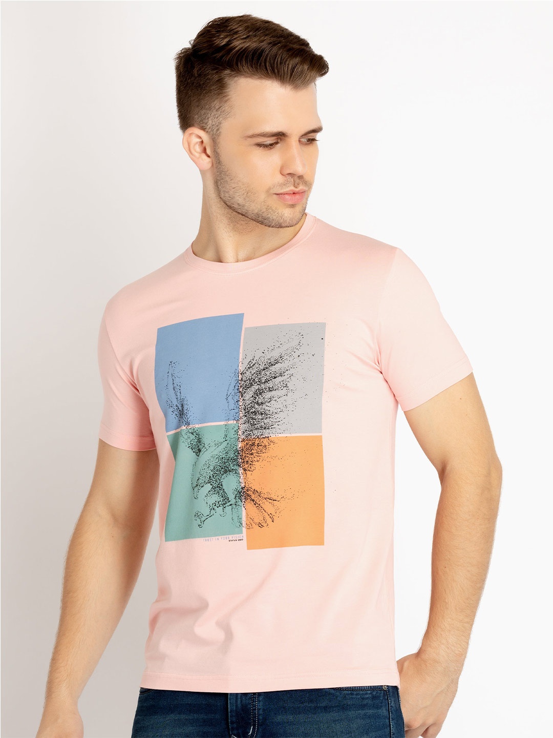 

Status Quo Printed Round Neck Cotton T-shirt, Pink