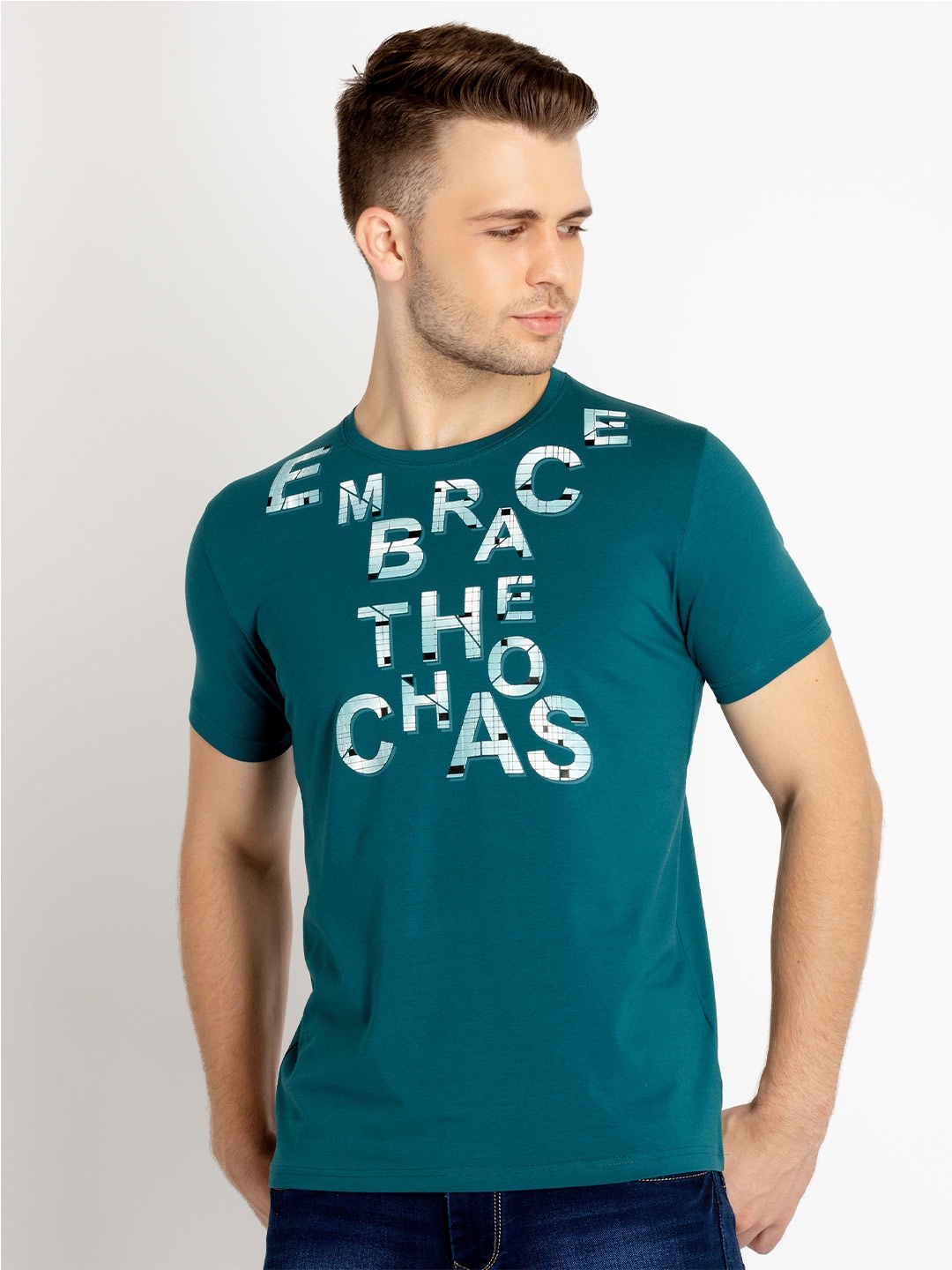 

Status Quo Typography Printed Cotton T-shirt, Teal