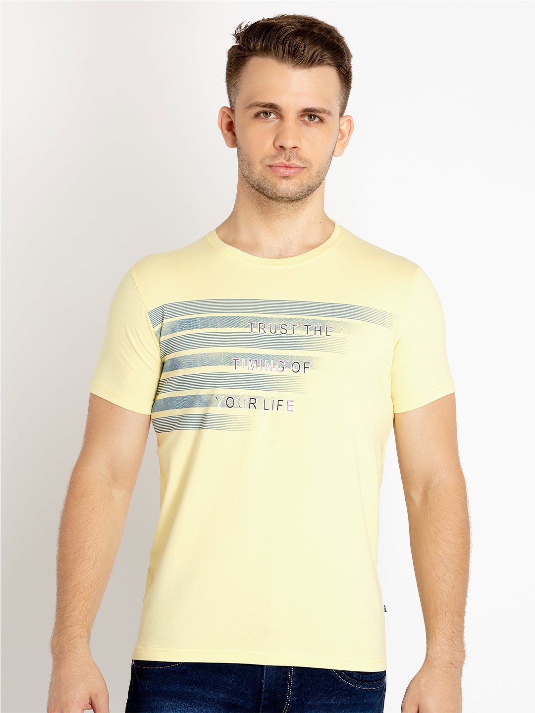 

Status Quo Plus Size Round Neck Typography Printed Cotton T-shirt, Yellow