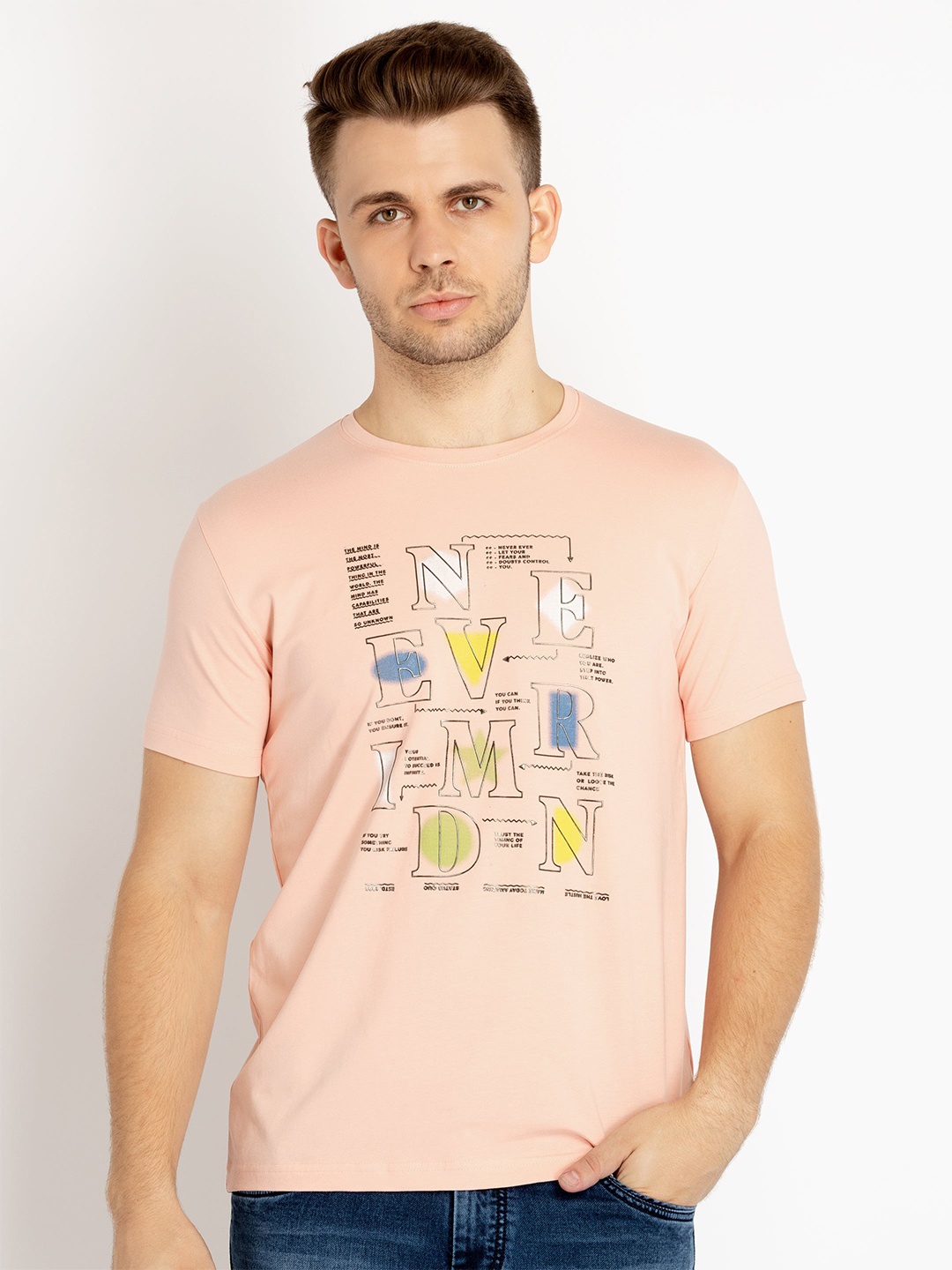 

Status Quo Typography Printed Cotton T-shirt, Peach