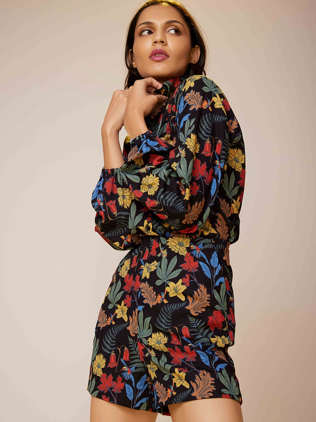 

POPPI Women 2 Pcs Printed Shirt & Shorts Co-Ord Set, Black
