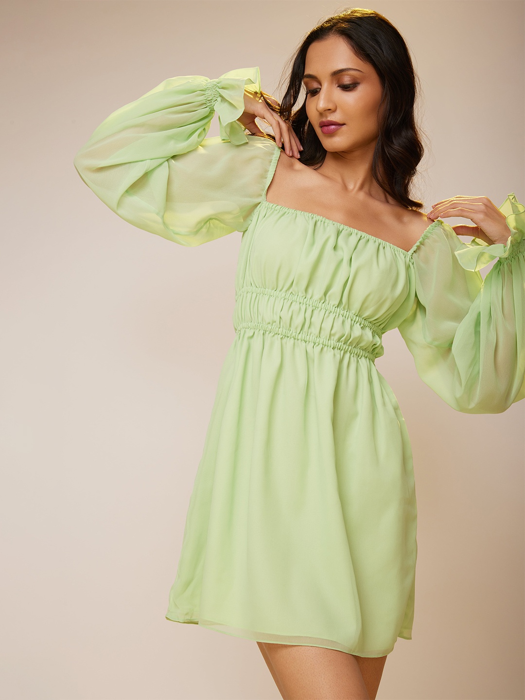 

POPPI Puff Sleeved Ruched Georgette A-Line Dress, Green