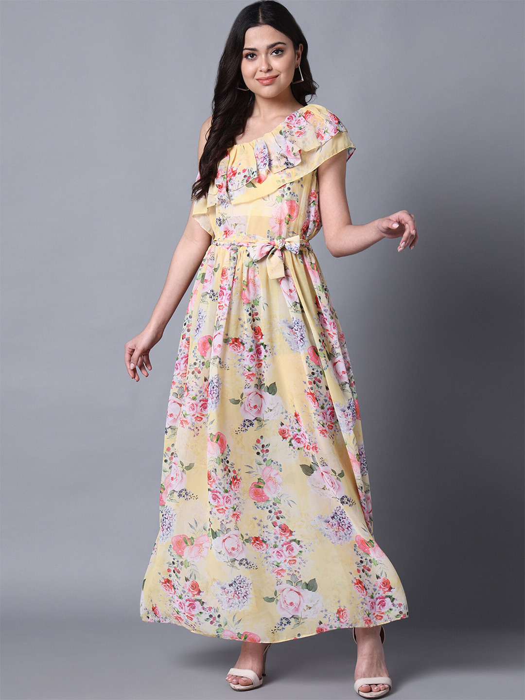 

Rajoria Instyle Floral Printed One Shoulder Georgette Maxi Dress, Yellow
