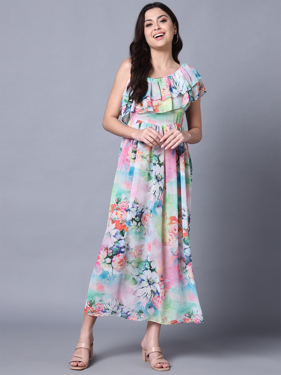

Rajoria Instyle Floral Printed Georgette Ruffles Details Maxi Dress, Blue