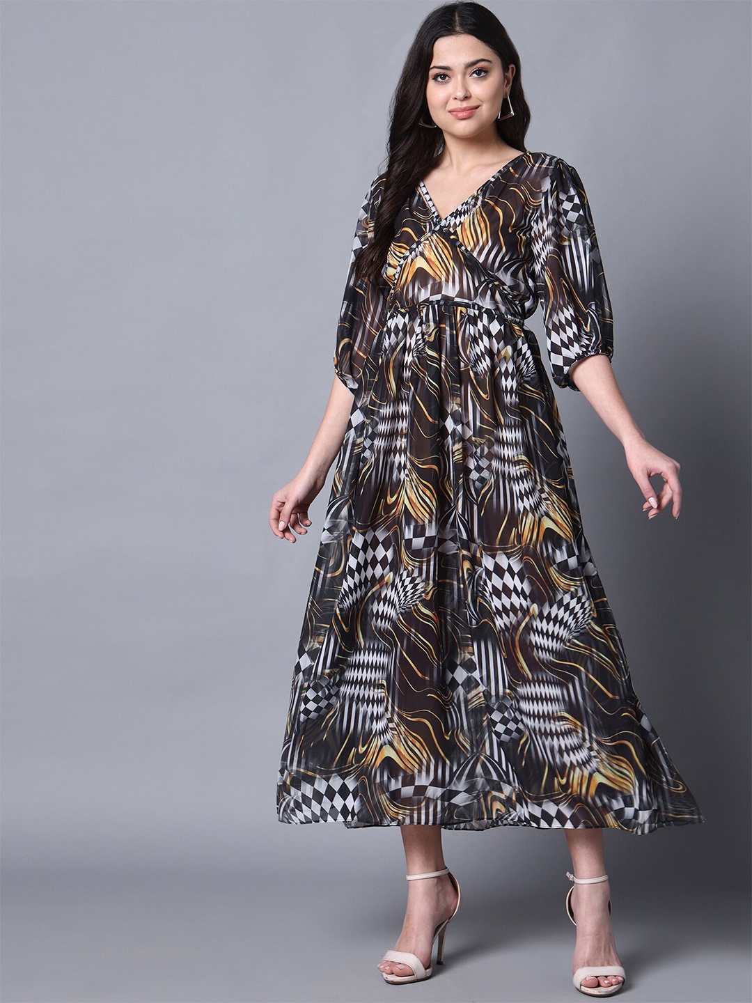 

Rajoria Instyle Abstract Printed Puff Sleeves Georgette Midi Fit & Flare Dress, Black