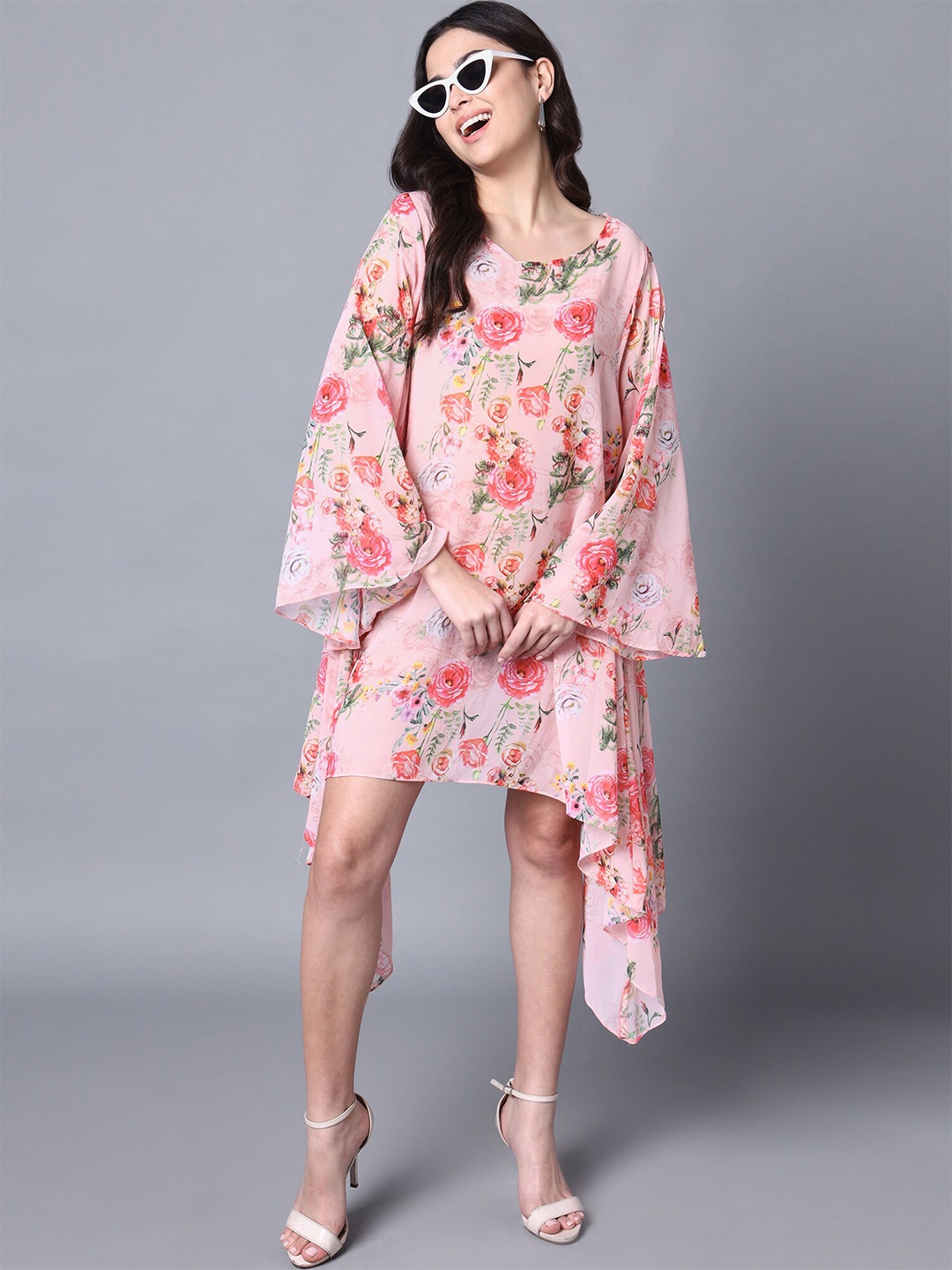 

Rajoria Instyle Floral Georgette Bell Sleeves A-line Dress, Pink
