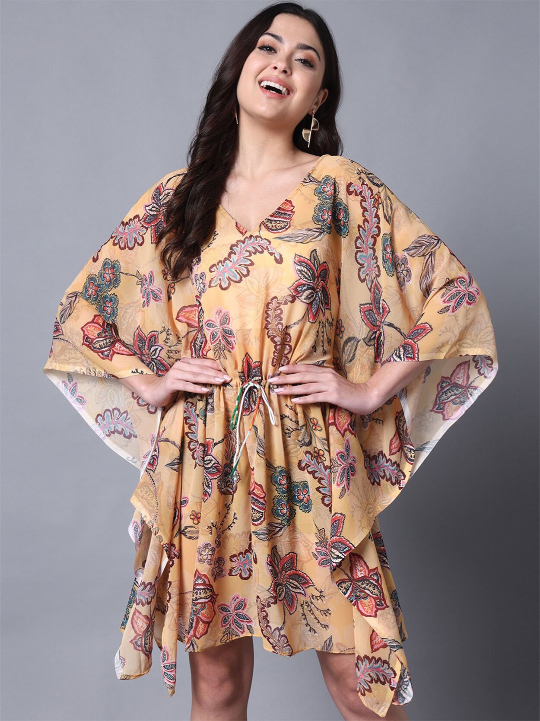 

Rajoria Instyle Printed Georgette V-Neck Beach Coverup Kaftan Dress, Beige