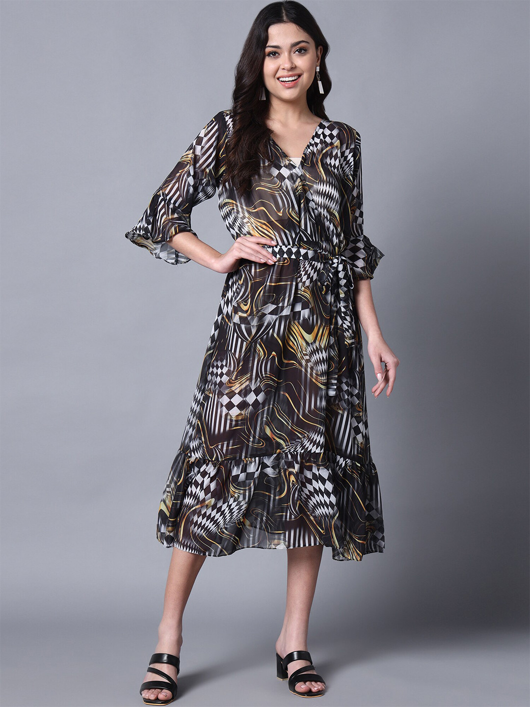 

Rajoria Instyle Abstract Printed V-Neck Bell Sleeves Wrap Midi Dress, Brown