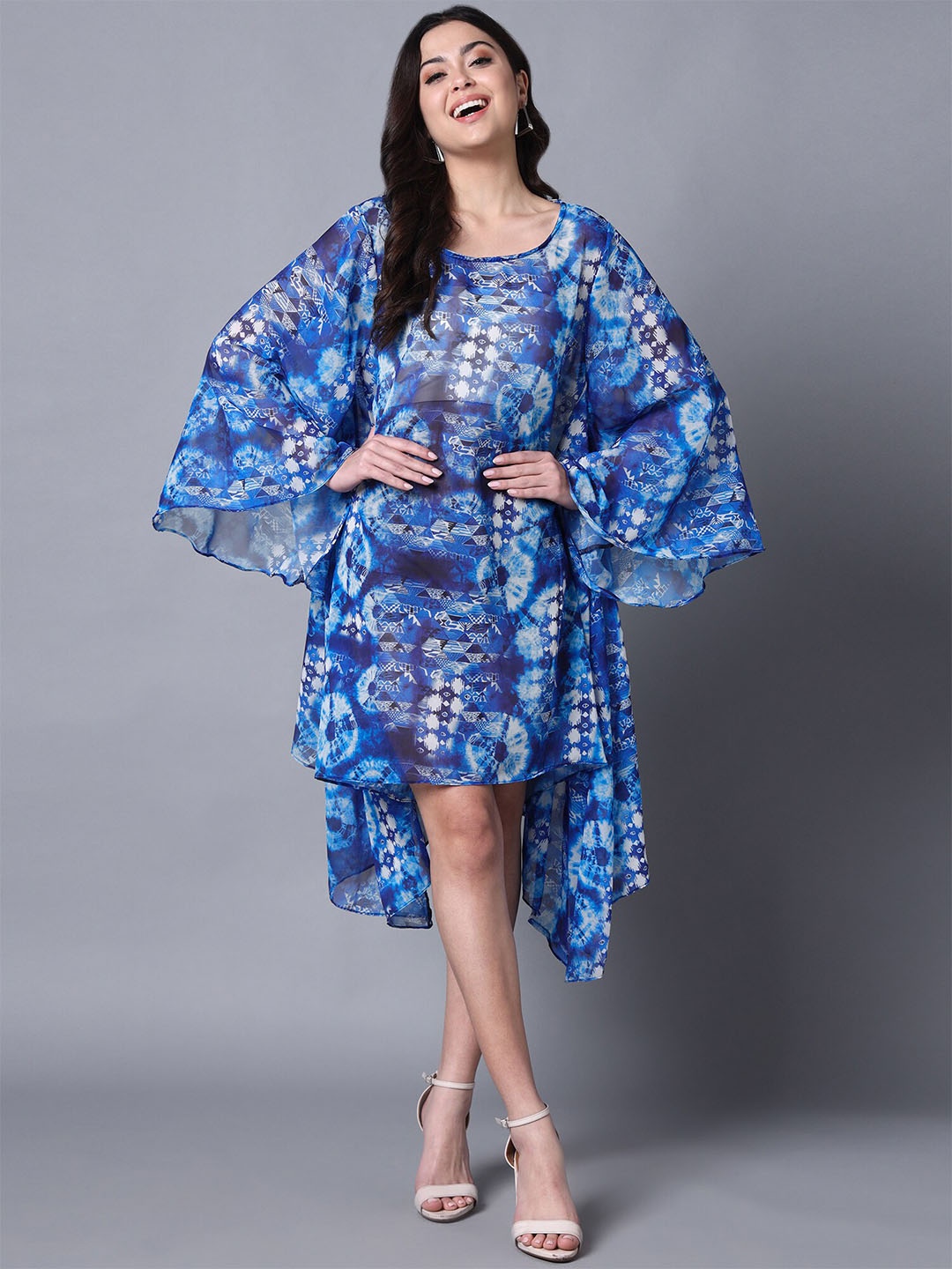 

Rajoria Instyle Kimono Sleeves High-Low Dyed Georgette Kaftan Midi Dress, Blue