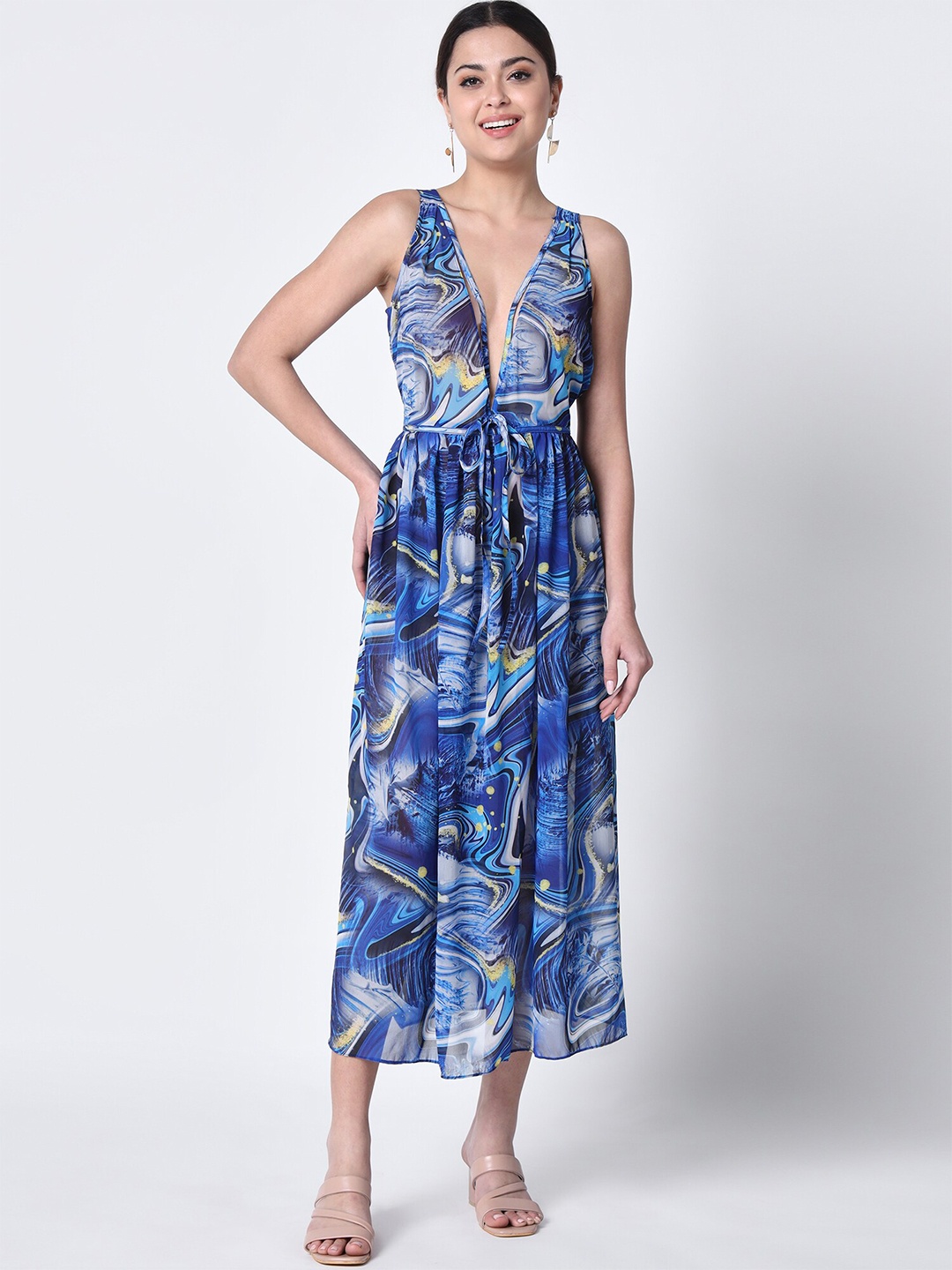 

Rajoria Instyle Women Abstract Printed Georgette Swimwear Cover up Dress, Blue