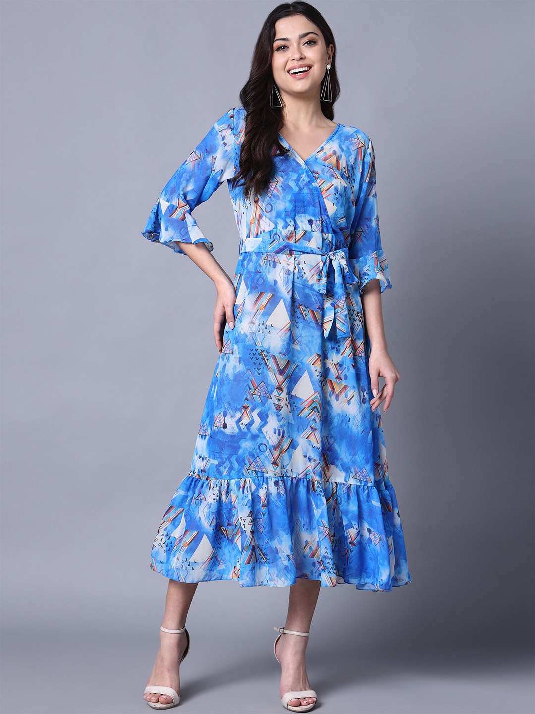 

Rajoria Instyle Printed Georgette V-Neck Wrap Midi Dress, Blue