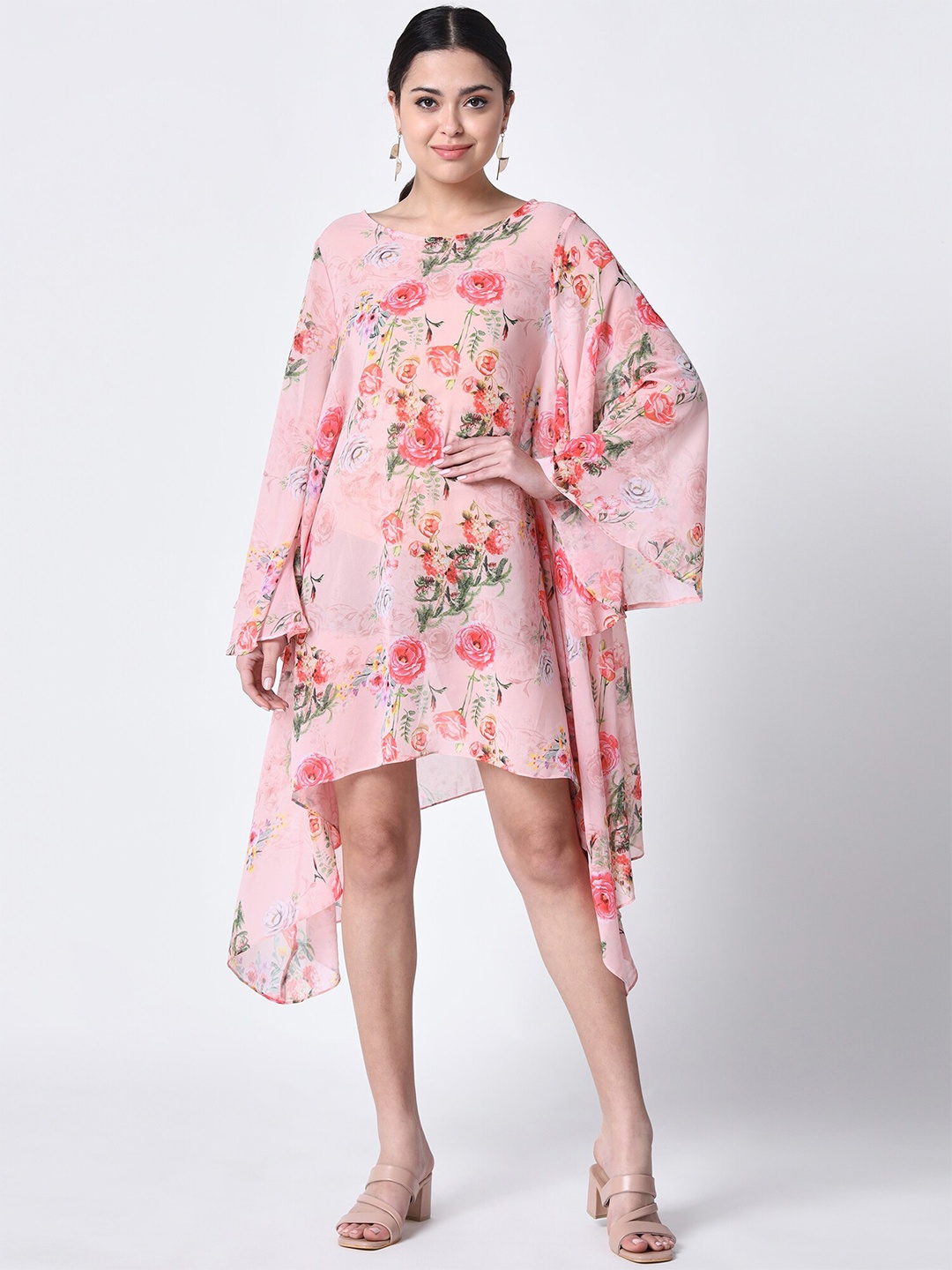 

Rajoria Instyle Floral Printed Georgette Asymmetric Boat Neck Kaftan Dress, Pink