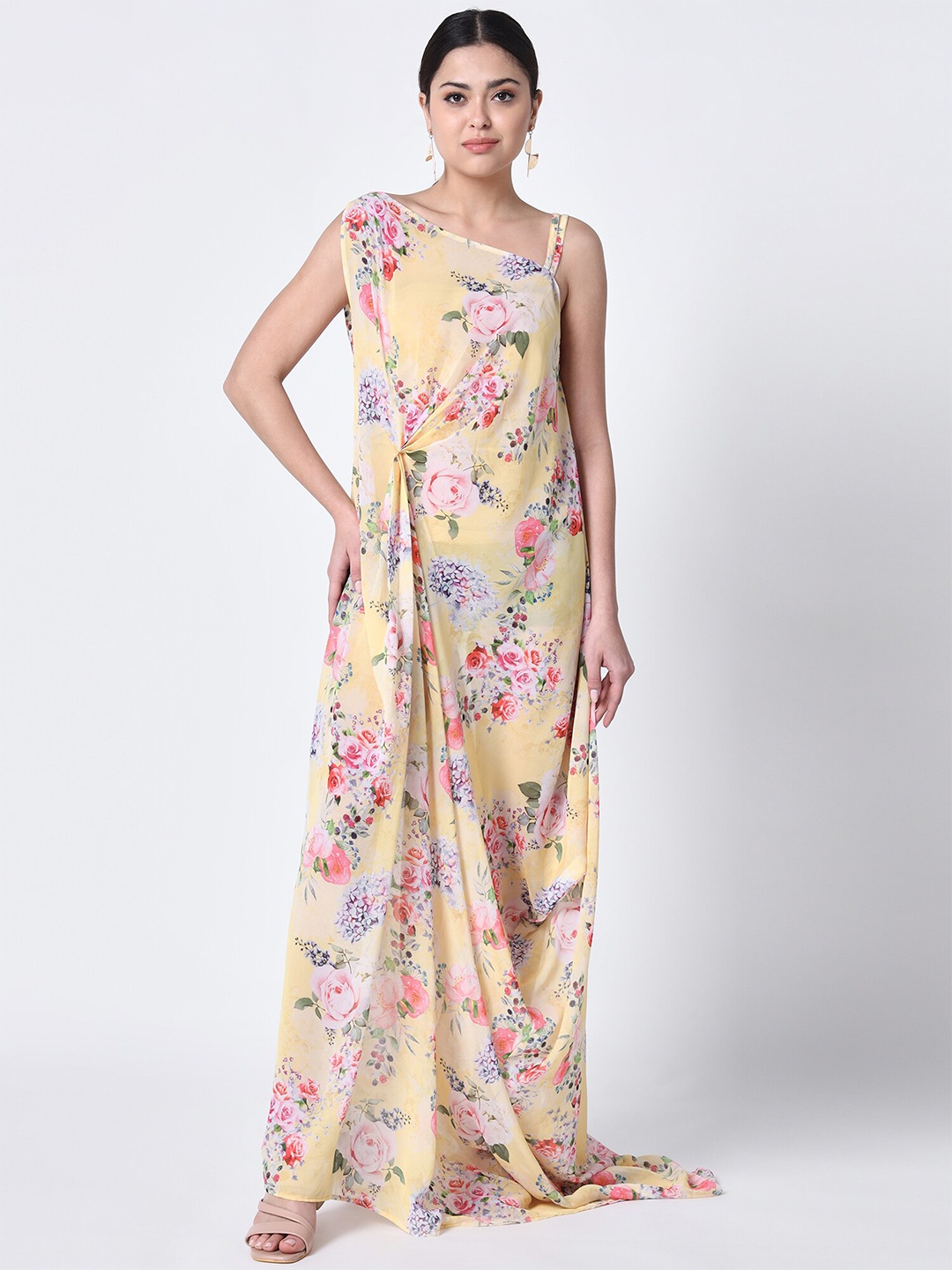 

Rajoria Instyle Floral Printed Asymmetric Neck Twisted Georgette Maxi Dress, Yellow