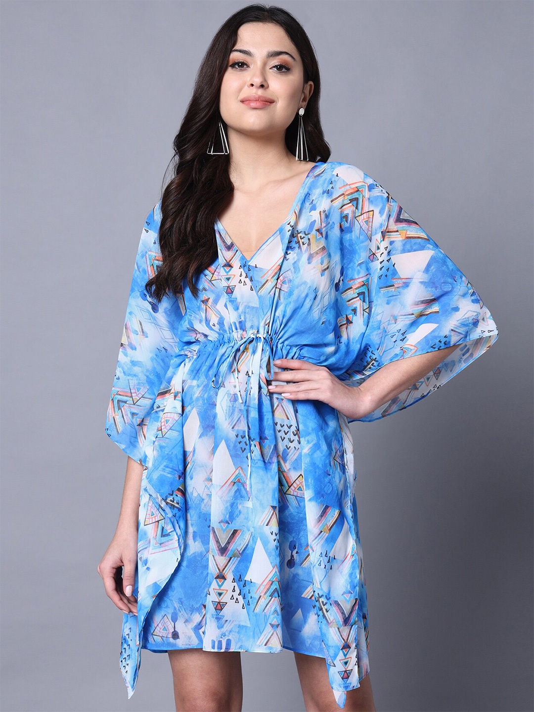 

Rajoria Instyle Geometric Printed Georgette V-Neck Kimono Sleeves Kaftan Dress, Blue