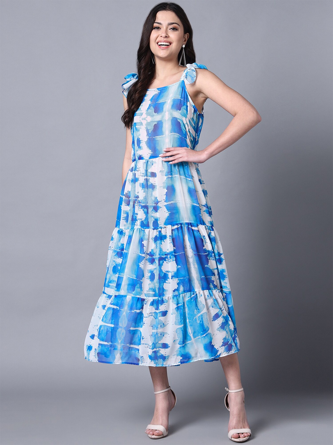 

Rajoria Instyle Tie and Dye Dyed Georgette Tiered A-Line Midi Dress, Blue