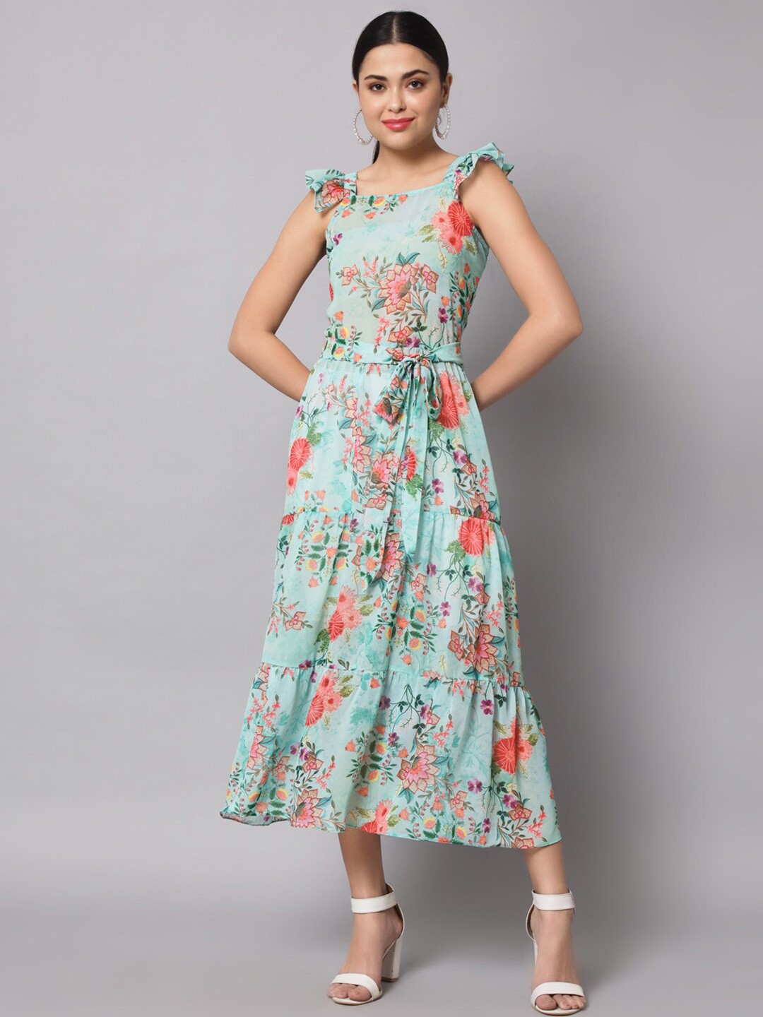 

Rajoria Instyle Floral Georgette Tiered Midi Dress, Sea green
