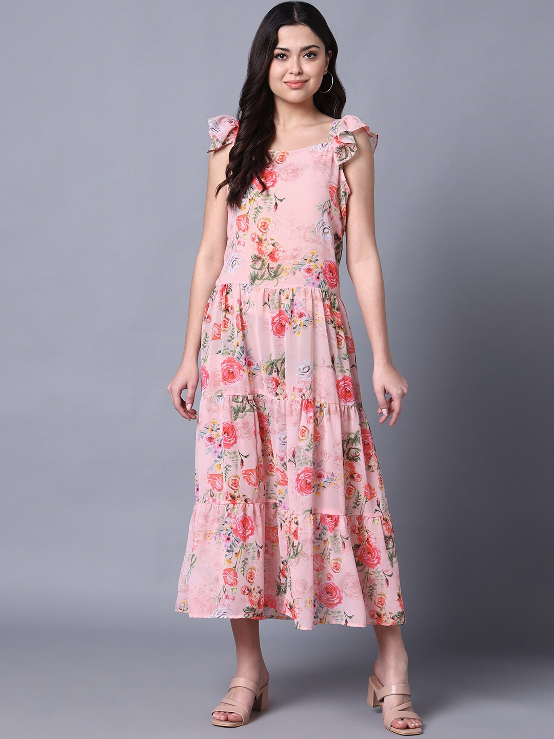 

Rajoria Instyle Floral Printed Drop Waist Tiered Georgette Midi Dress, Pink