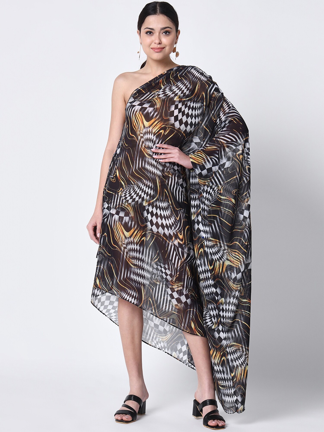 

Rajoria Instyle Abstract Printed Georgette One Shoulder Kaftan Midi Dress, Black