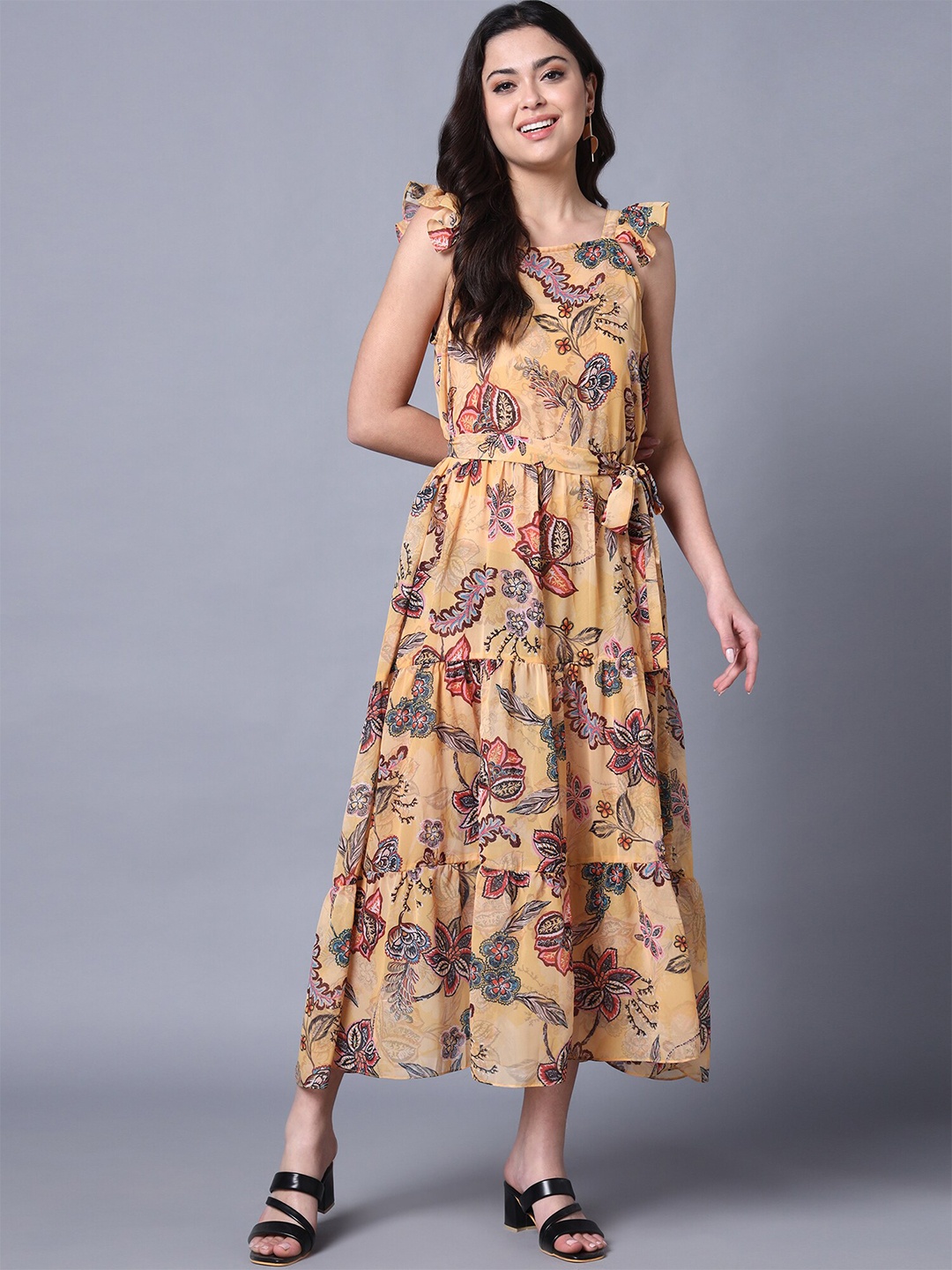 

Rajoria Instyle Floral Printed Square Neck Fit and Flare Midi Dress, Mustard
