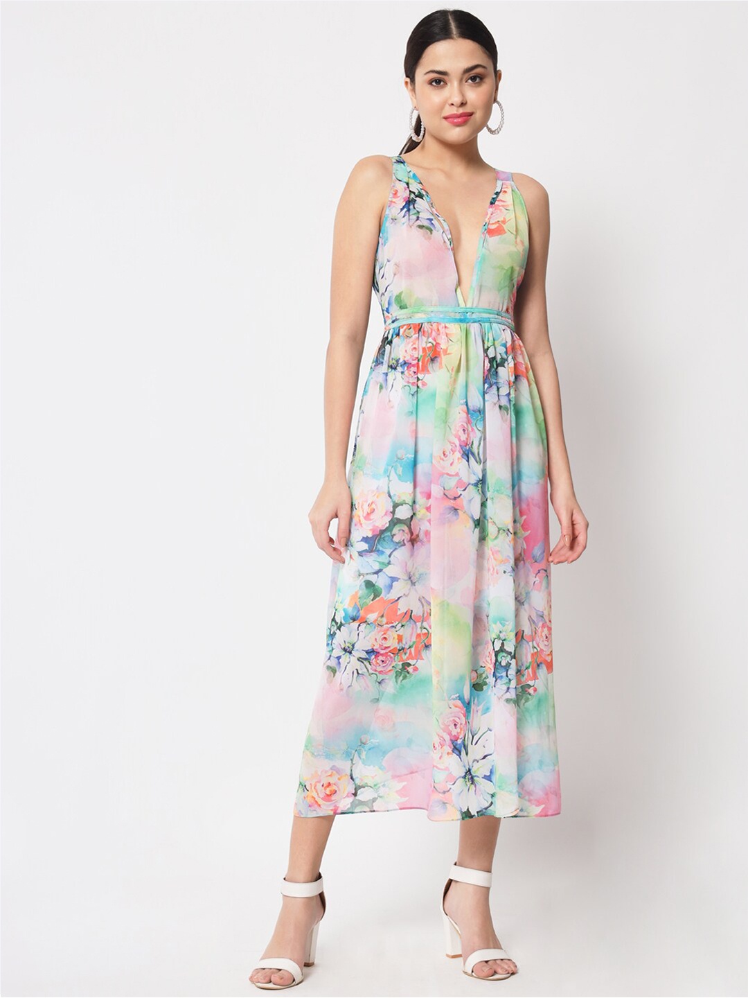 

Rajoria Instyle Floral Printed V-Neck Georgette Midi Dress, Pink