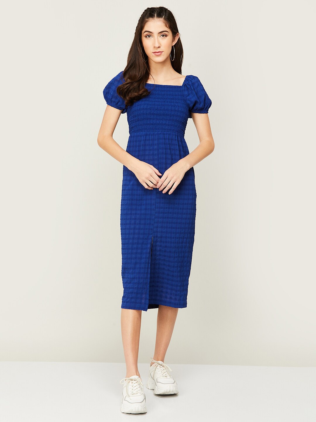 

Ginger by Lifestyle Checked Square Neck Puff Sleeves A-Line Midi Dress, Navy blue