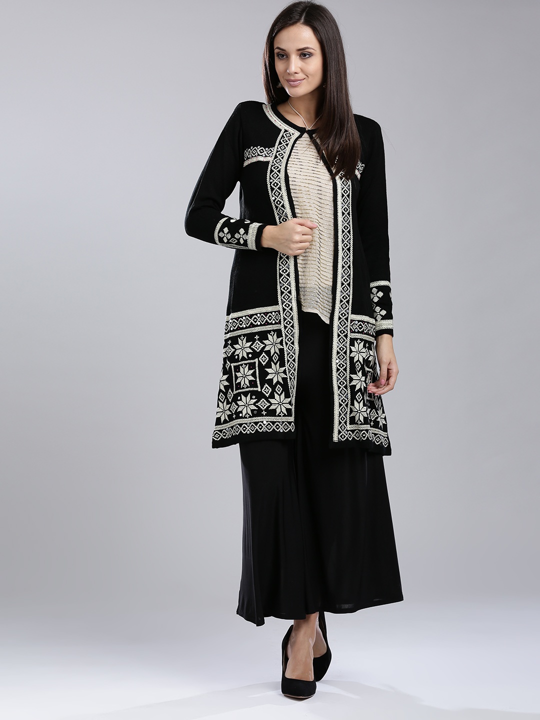 

W Women Black Embroidered Longline Front-Open Sweater
