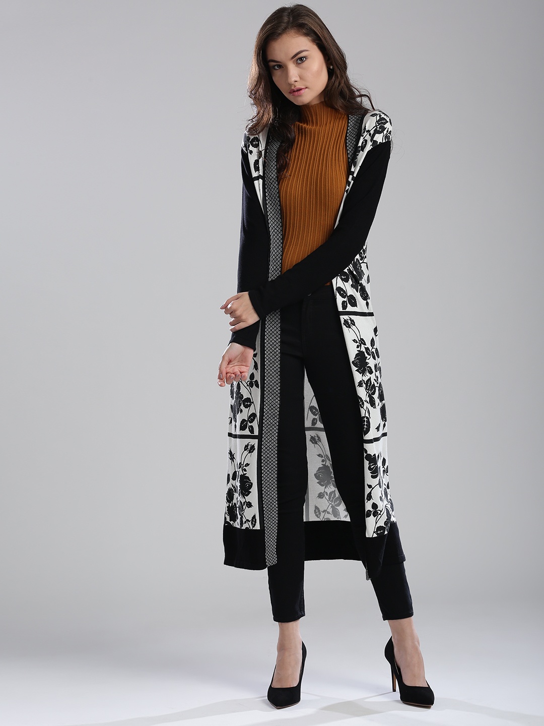 

W Women White & Black Printed Front-Open Longline Cardigan