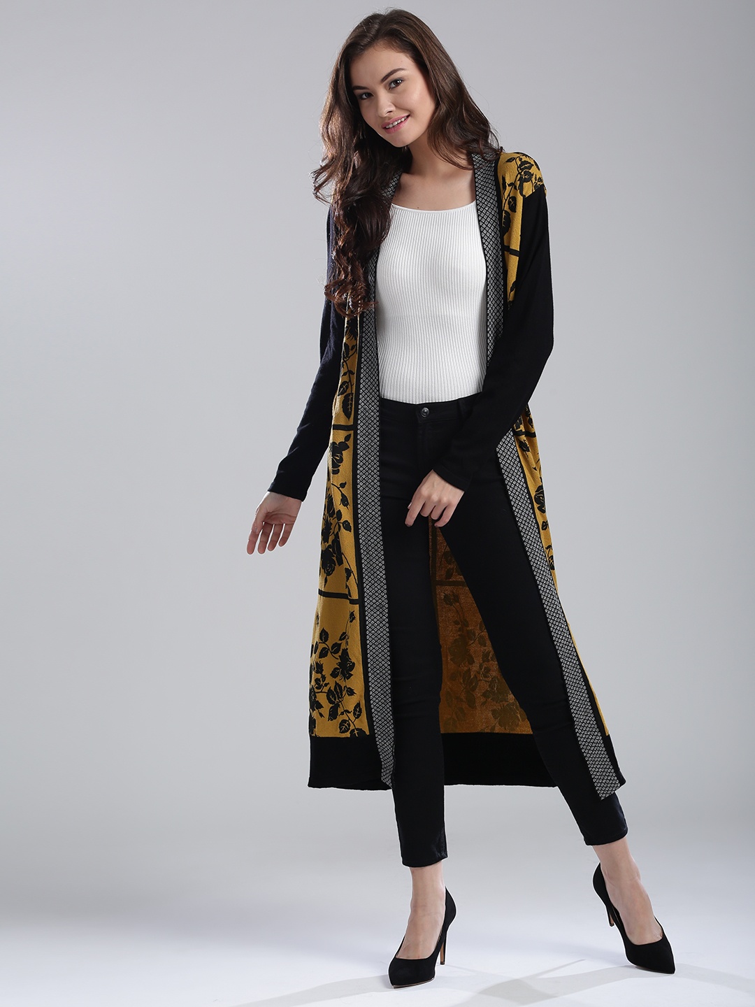 

W Women Mustard Yellow & Black Printed Front-Open Longline Cardigan